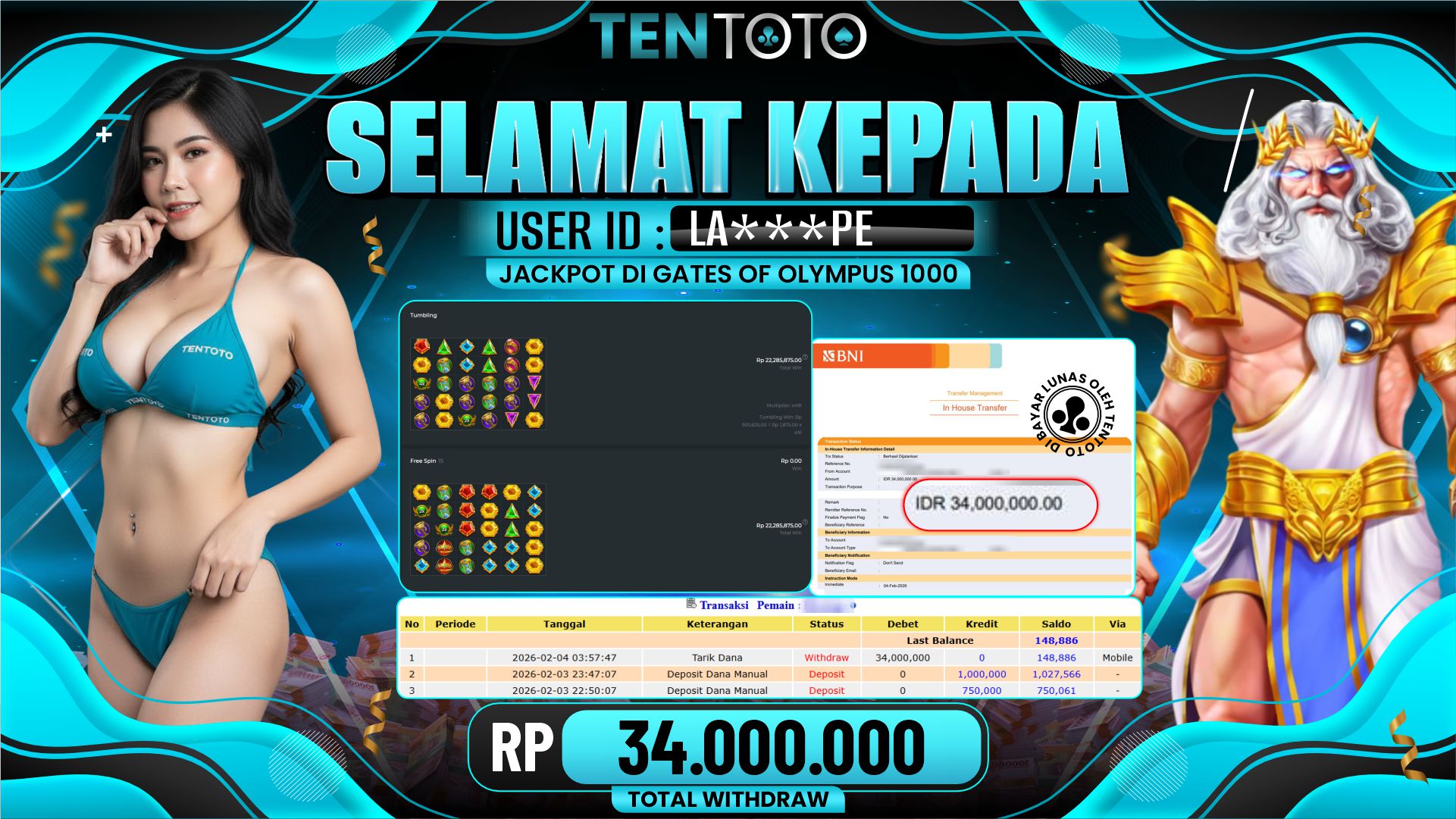 TENTOTO Gates Of Olympus 1000 Rp. 34.000.000,- LUNAS