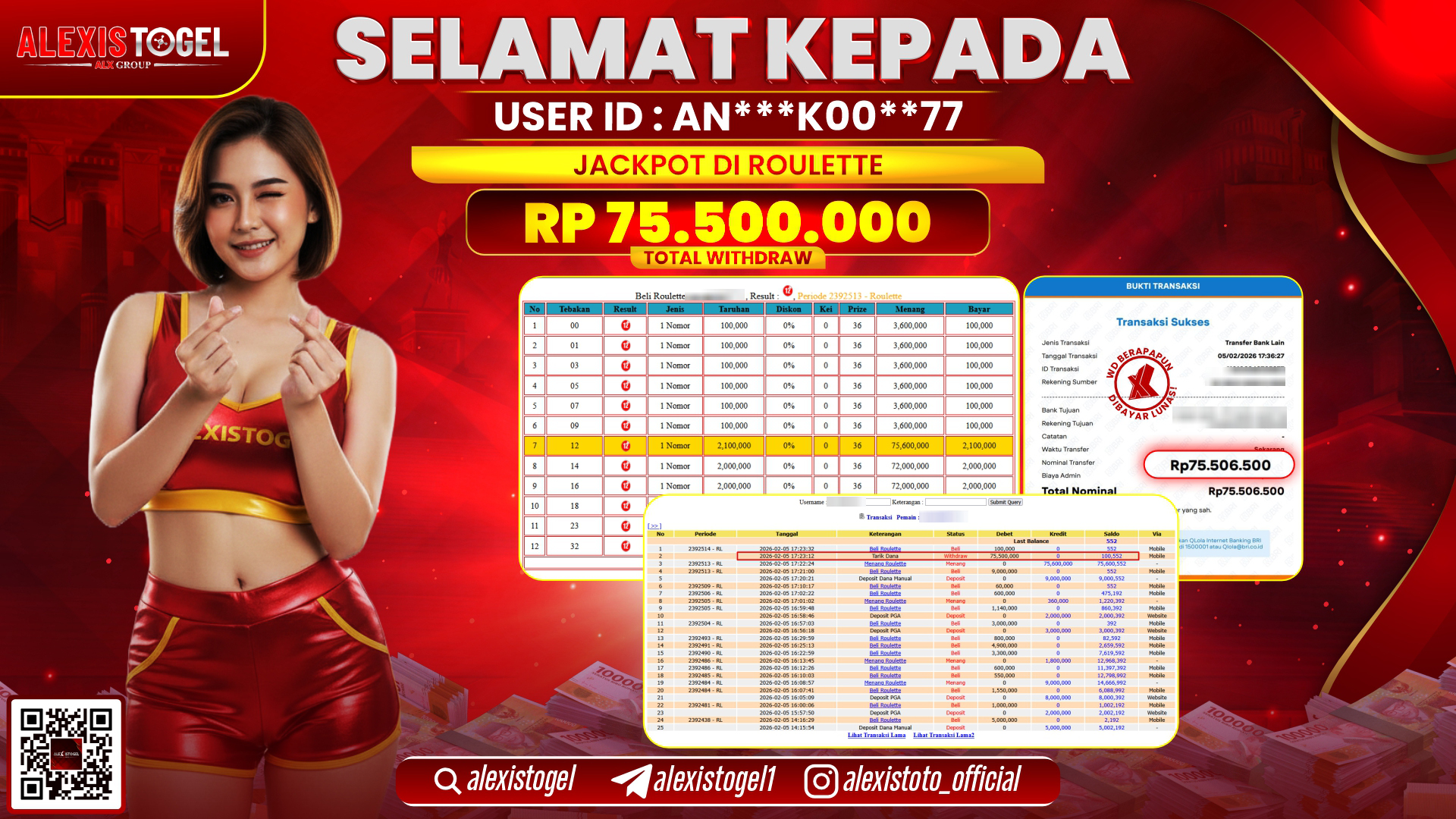 ALEXISTOGEL di CASINO ROULETTE RP.75.500.000,- LUNAS
