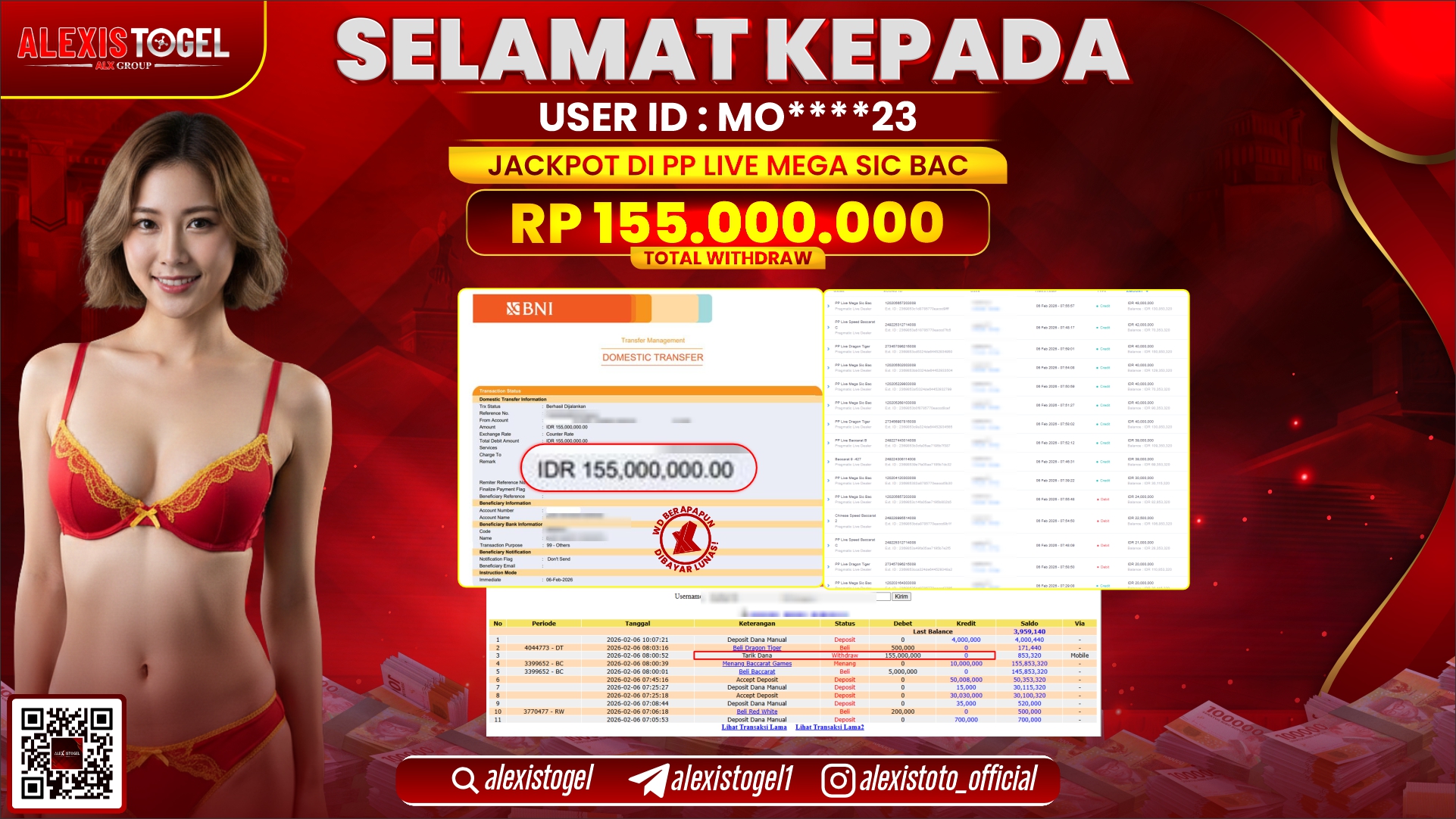 ALEXISTOGEL di PP LIVE MEGA SIC BAC RP.155.000.000,- LUNAS 