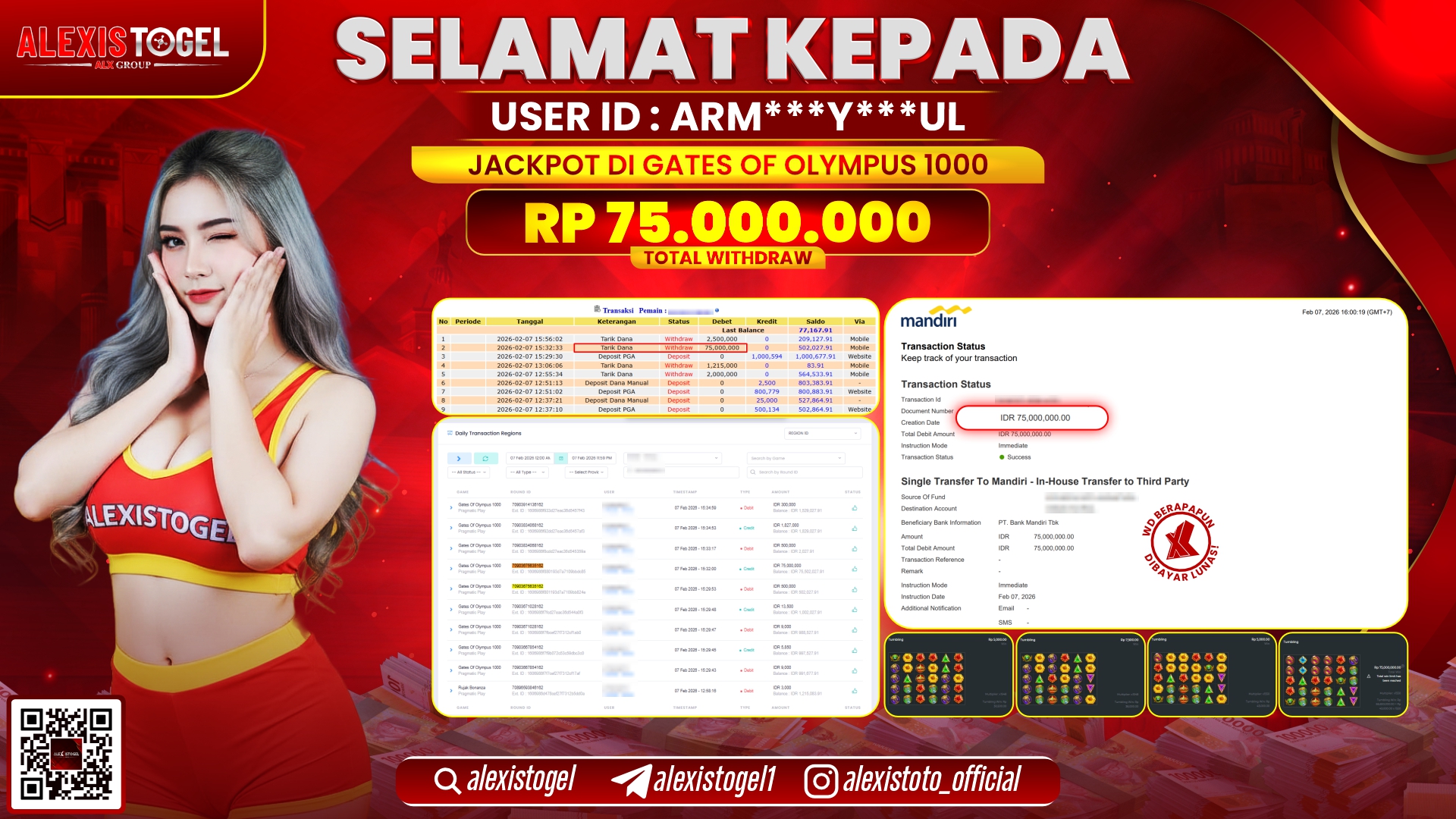 ALEXISTOGEL di SLOT GATES OF OLYMPUS 1000 RP.75.000.000,- LUNAS 