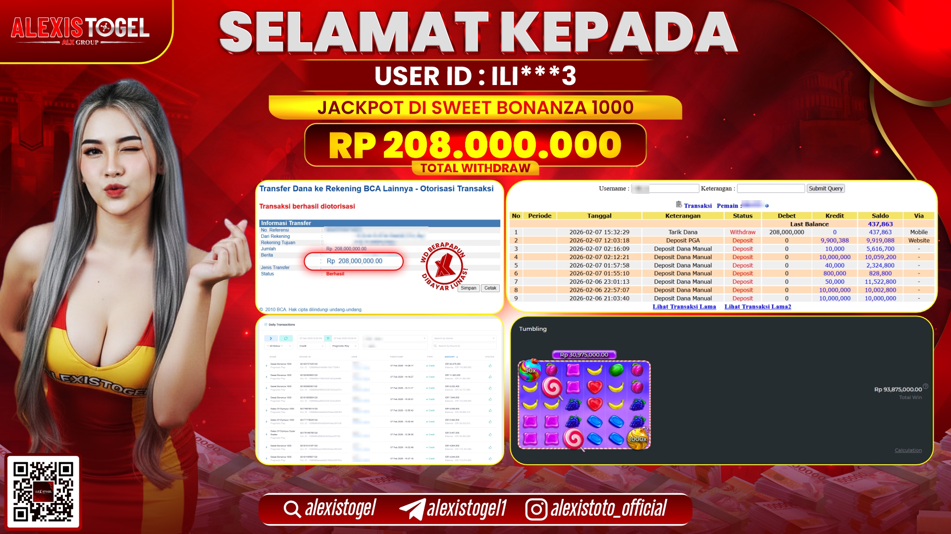 ALEXISTOGEL di SLOT SWEET BONANZA 1000RP.208.000.000,- LUNAS 