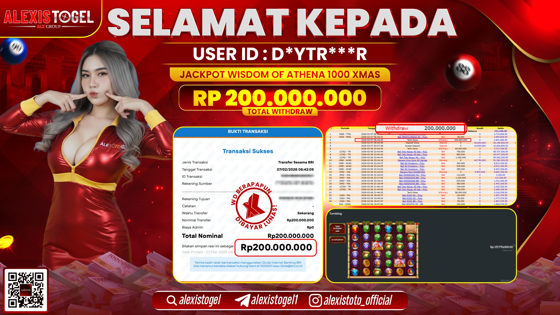 ALEXISTOGEL di SLOT WISDOM OF ATHENA 1000 XMAS RP.200.000.000,- LUNAS 
