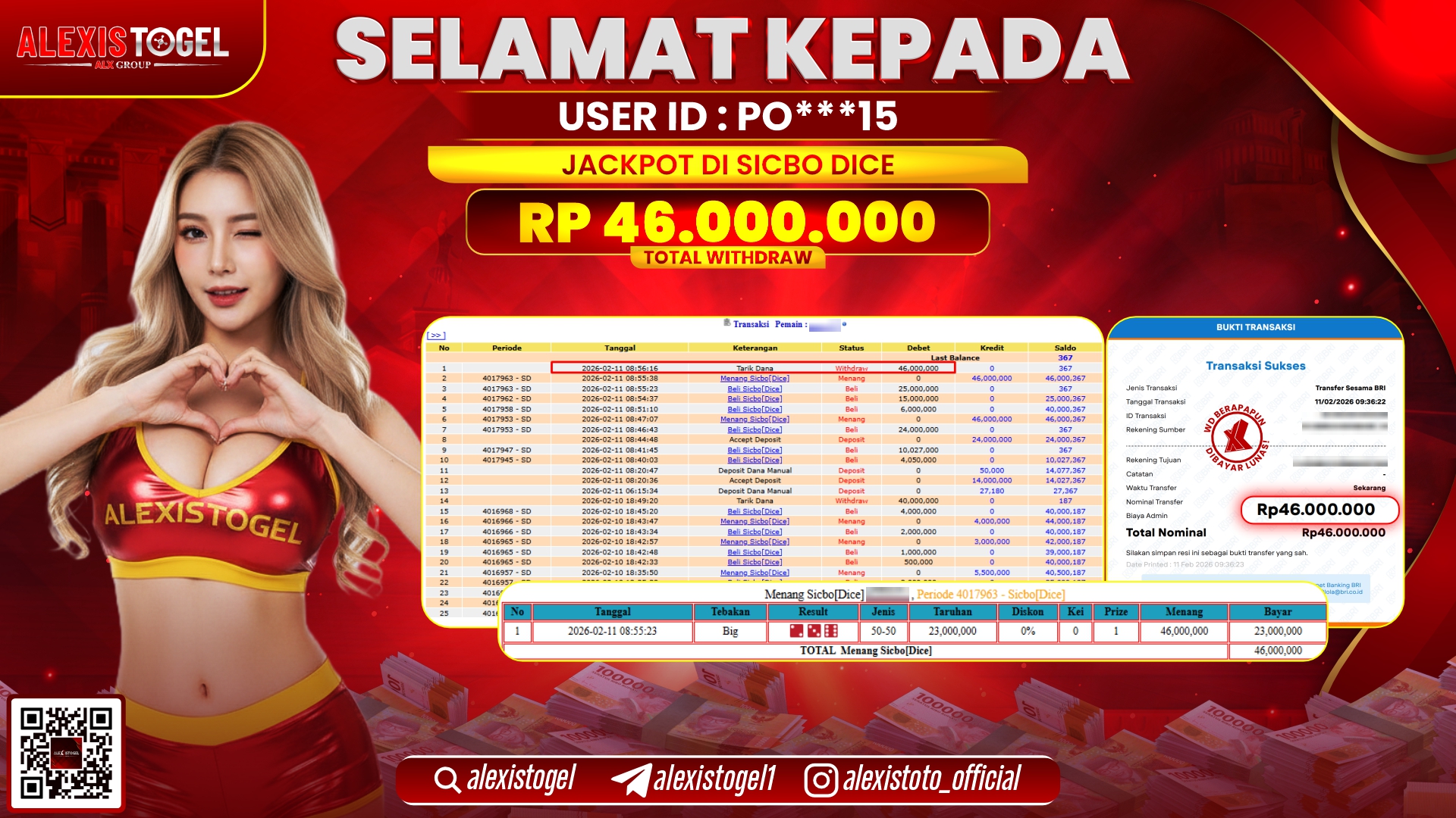 ALEXISTOGEL di CASINO SICBO DICE RP.46.000.000,- LUNAS 