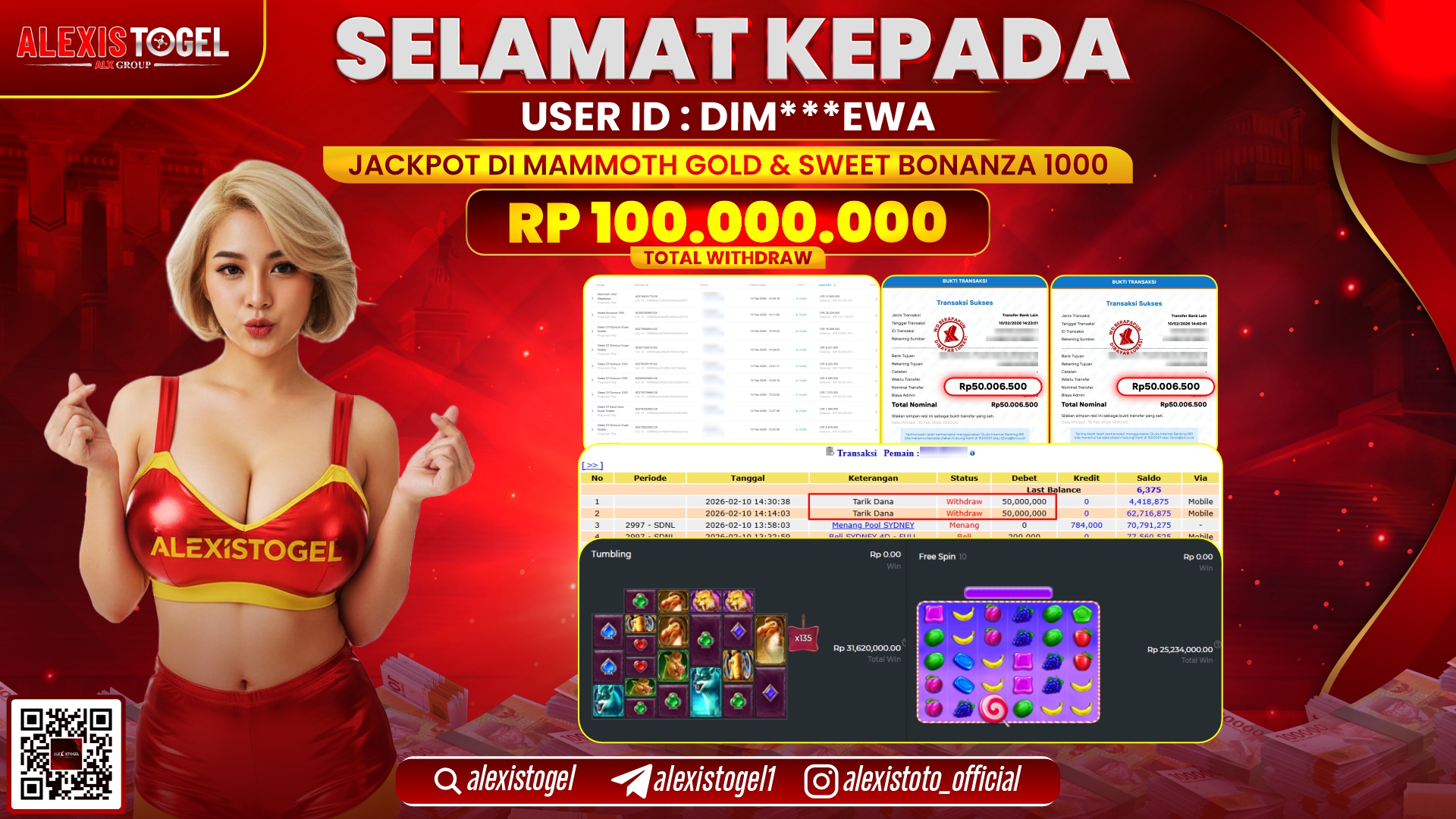 ALEXISTOGEL di SLOT MAMMOTH GOLD & SWEET BONANZA 1000 RP.100.000.000,- LUNAS 