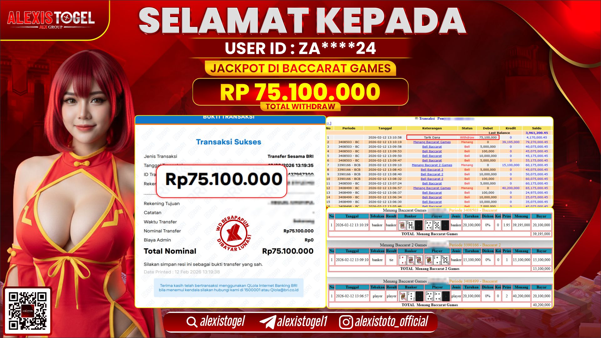 ALEXISTOGEL di CASINO BACCARAT GAMES RP.75.100.000,- LUNAS 