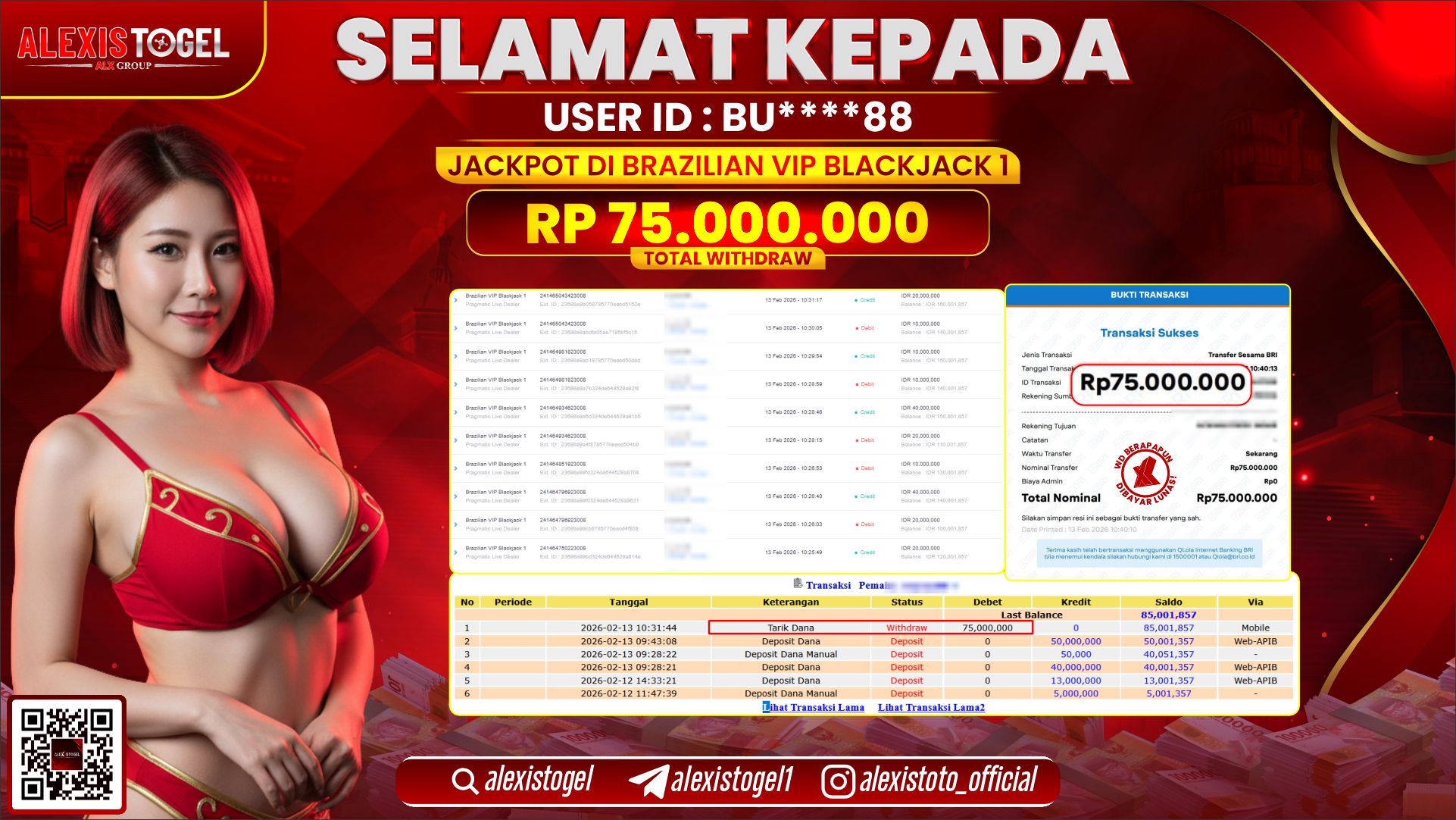 ALEXISTOGEL di PPLD BRAZILIAN VIP BLACKJACK 1 RP.75.000.000,- LUNAS 