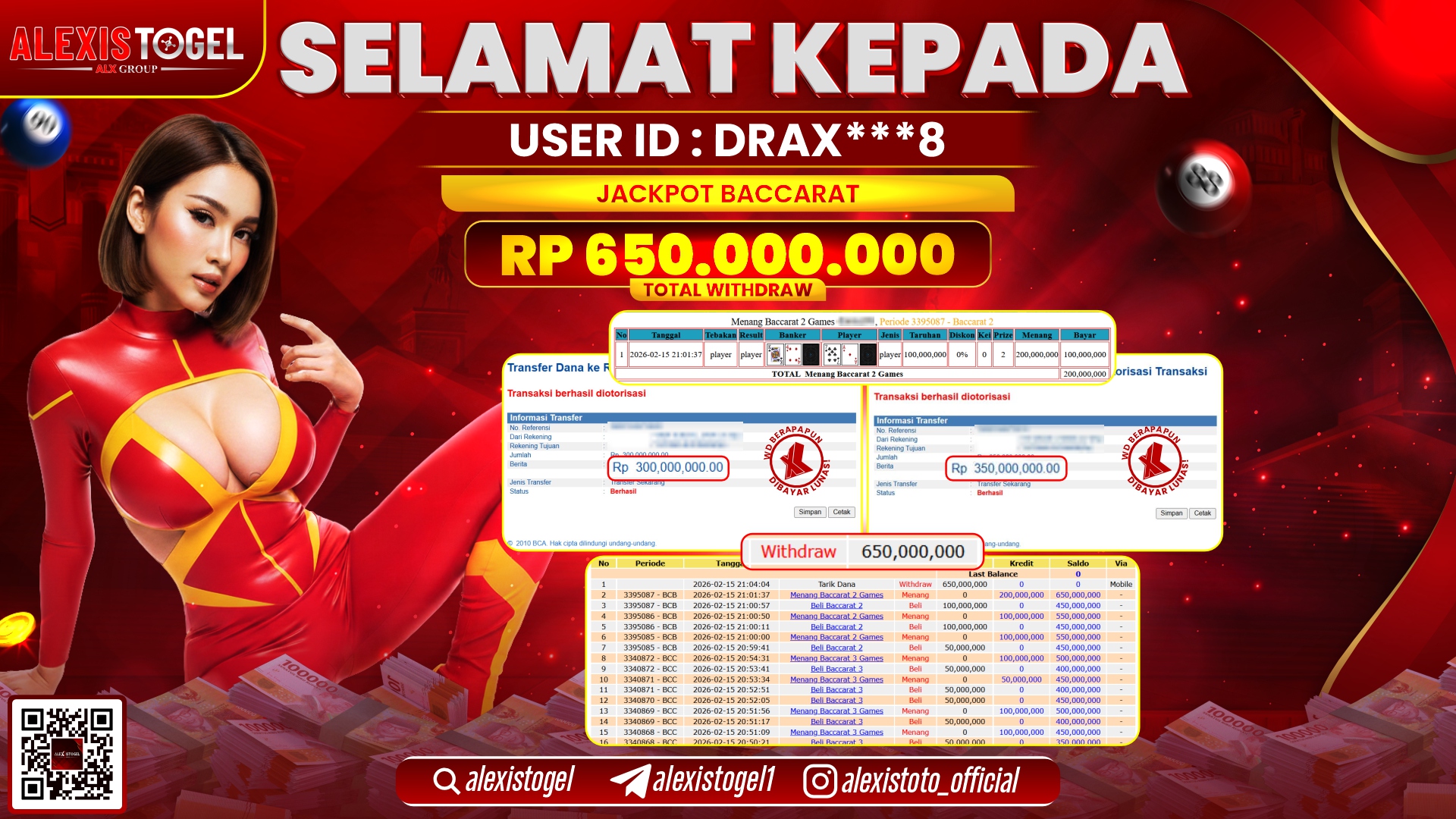 ALEXISTOGEL di CASINO BACCARAT 2 GAMES RP.650.000.000,- LUNAS 