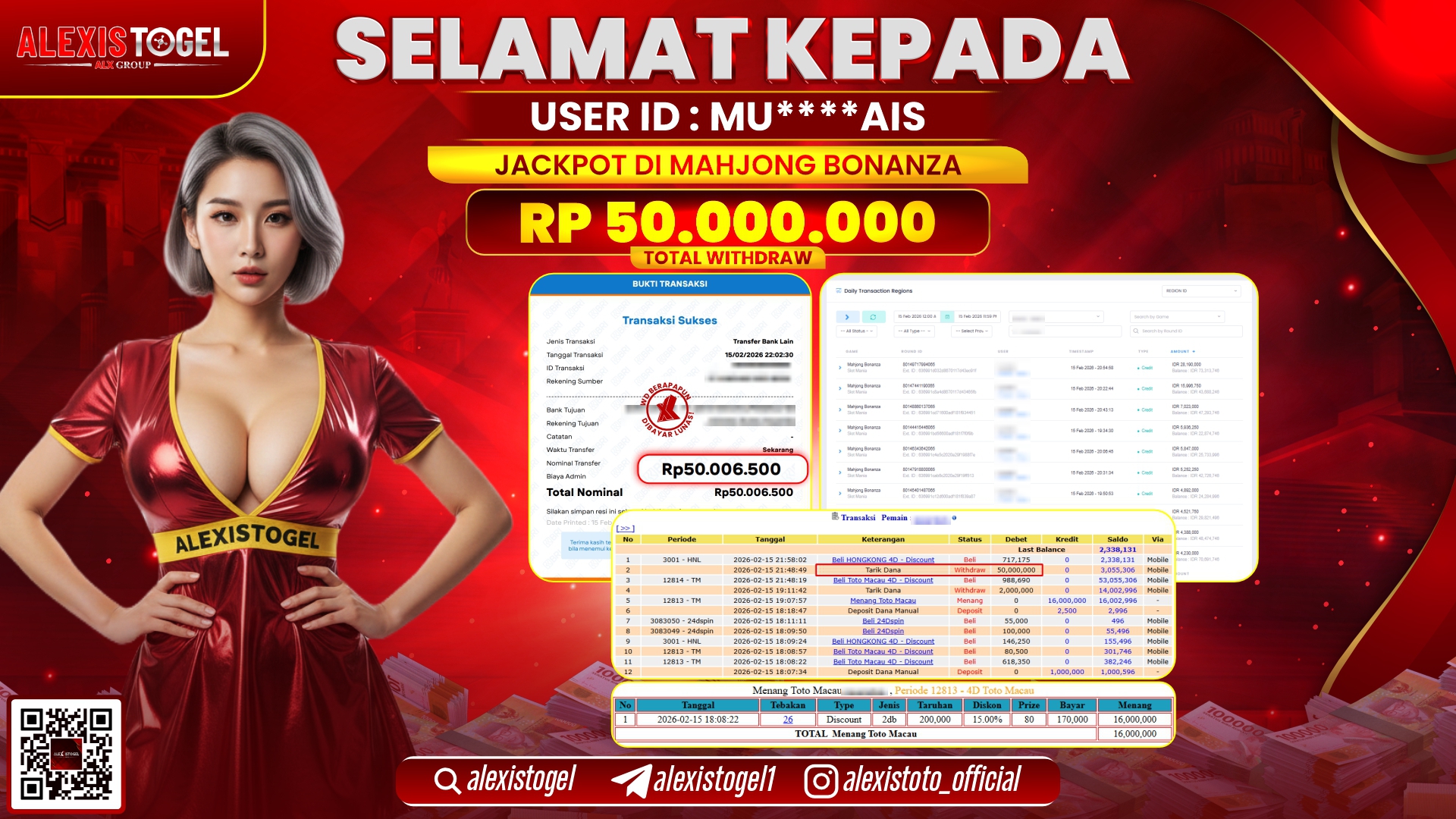 ALEXISTOGEL di SLOT MAHJONG BONANZA RP.50.000.000,- LUNAS 