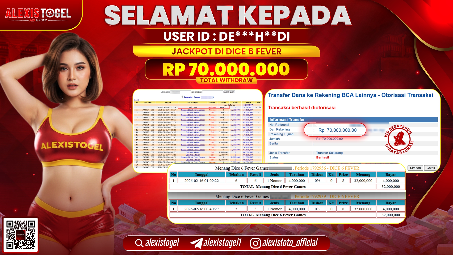 ALEXISTOGEL di CASINO DICE 6 FEVER RP.70.000.000,- LUNAS 