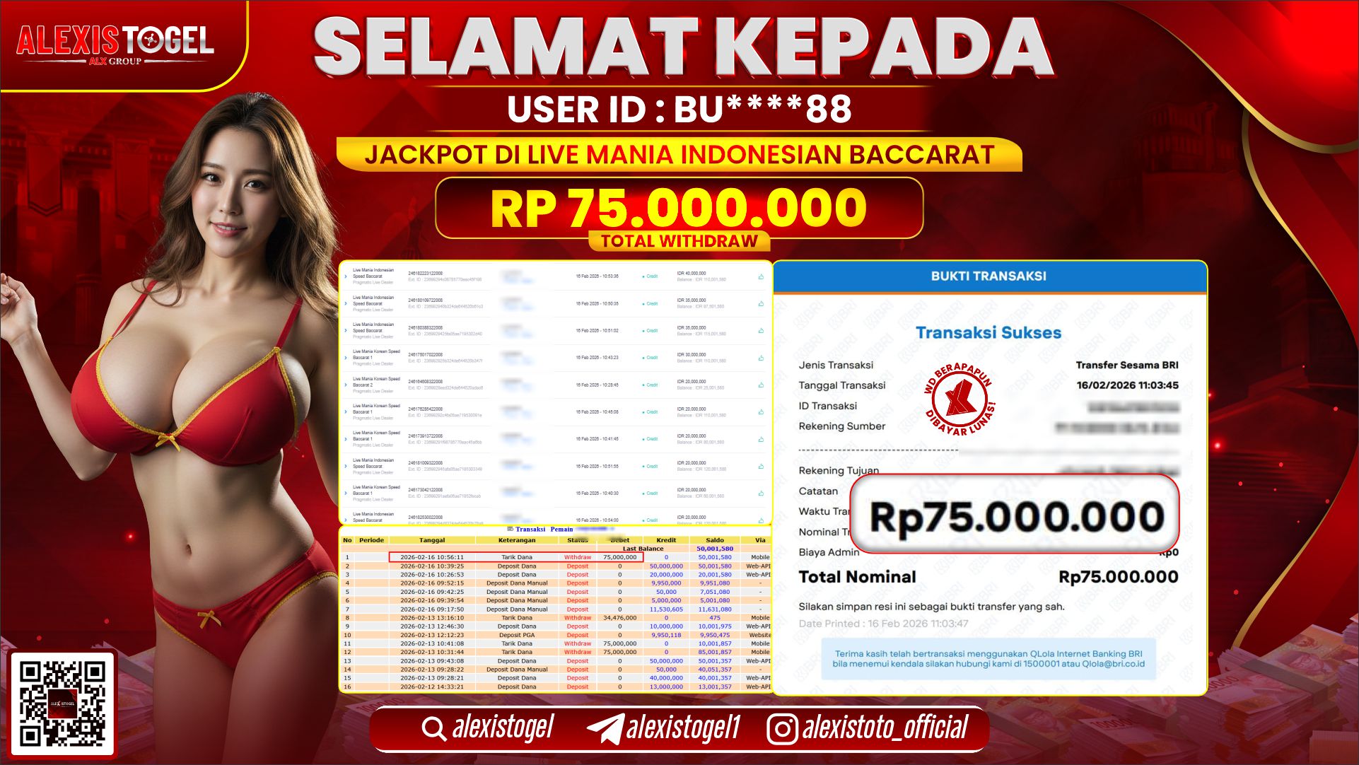 ALEXISTOGEL di LIVE MANIA INDONESIAN BACCARAT RP.75.000.000,- LUNAS 