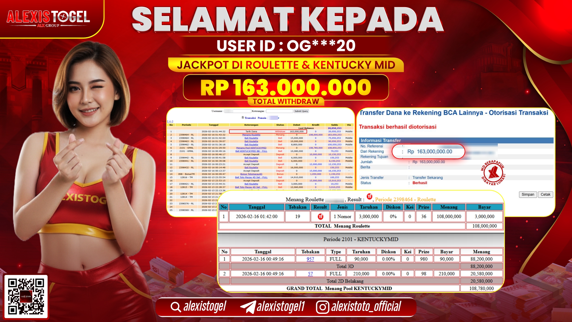 ALEXISTOGEL di CASINO ROULETTE & TOGEL KENTUCKY MID RP.163.000.000,- LUNAS 