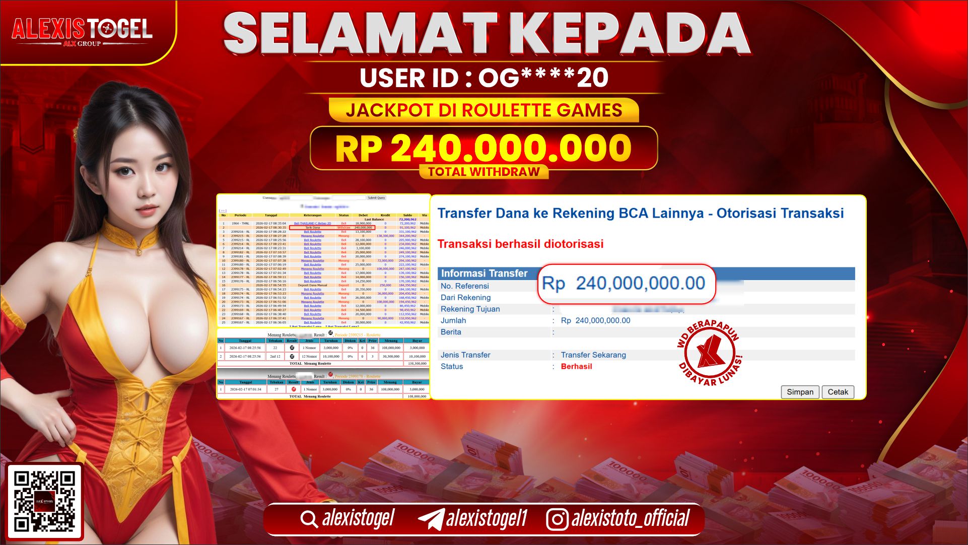 ALEXISTOGEL di CASINO ROULETTE GAMES RP.240.000.000,- LUNAS 