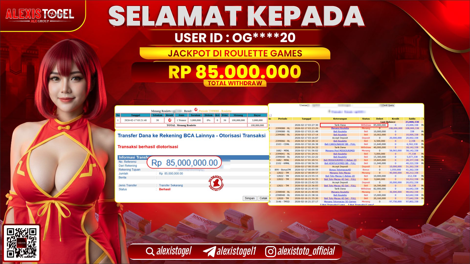 ALEXISTOGEL di CASINO ROULETTE GAMES RP.85.000.000,- LUNAS 