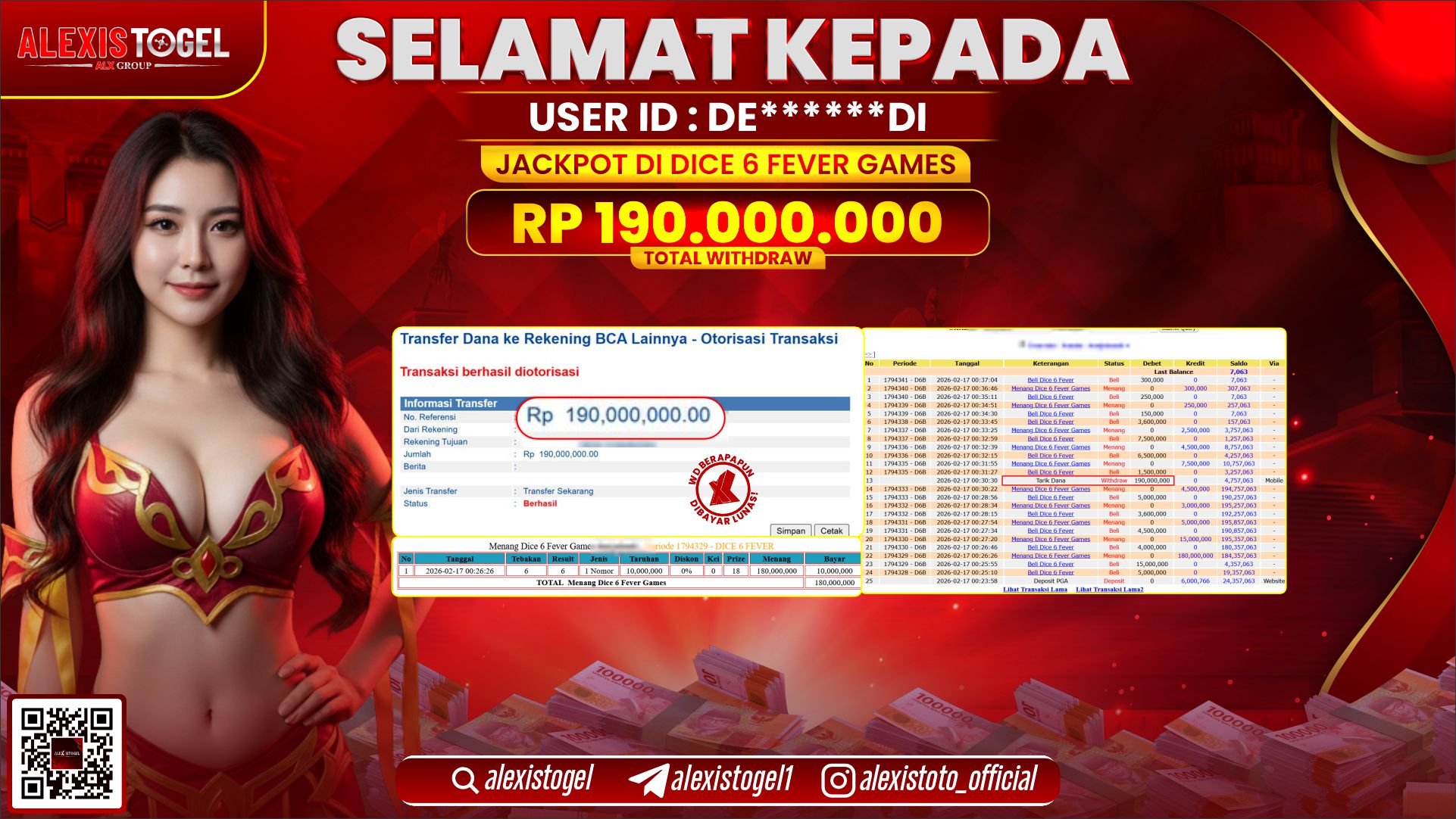 ALEXISTOGEL di CASINO DICE 6 FEVER GAMES RP.190.000.000,- LUNAS 