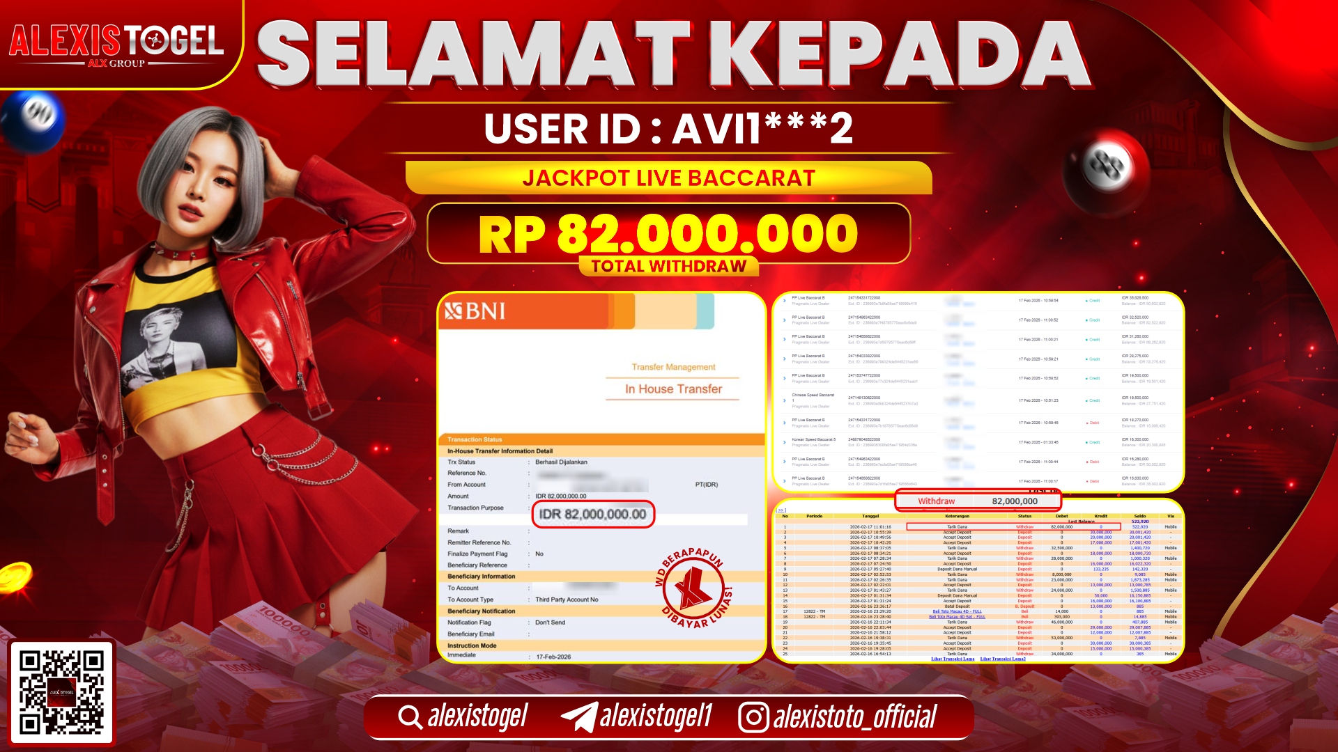 ALEXISTOGEL di PPLD LIVE BACCARAT RP.82.000.000,- LUNAS 