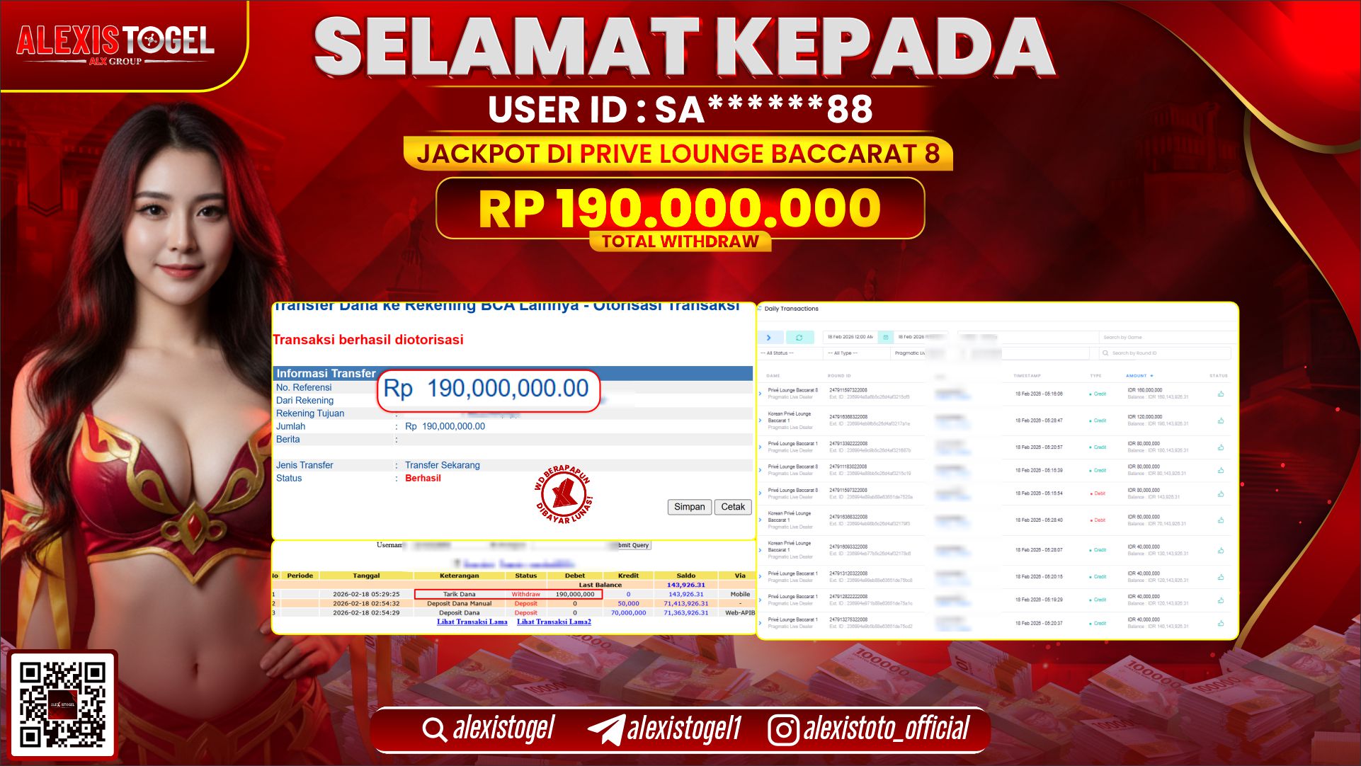 ALEXISTOGEL di PPLD PRIVE LOUNGE BACCARAT 8 RP.190.000.000,- LUNAS 