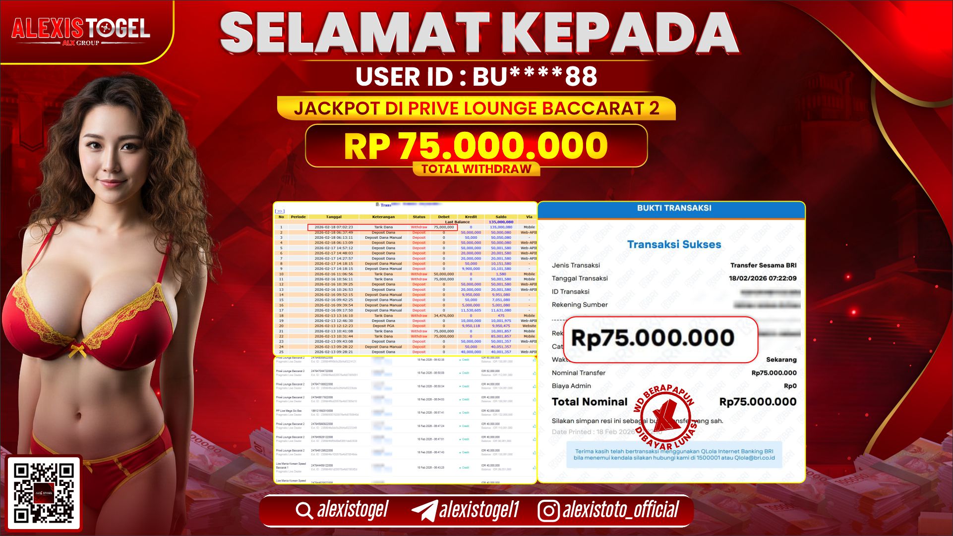 ALEXISTOGEL di PPLD PRIVE LOUNGE BACCARAT 2 RP.75.000.000,- LUNAS 