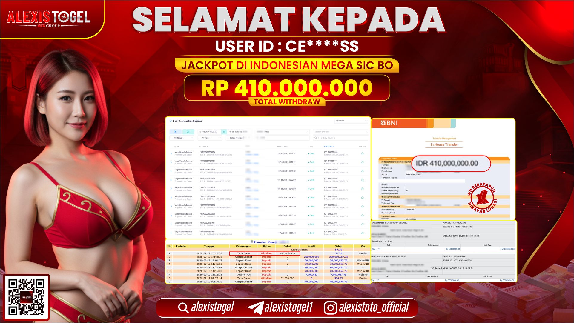 ALEXISTOGEL di PPLD INDONESIAN MEGA SIC BO RP.410.000.000,- LUNAS 