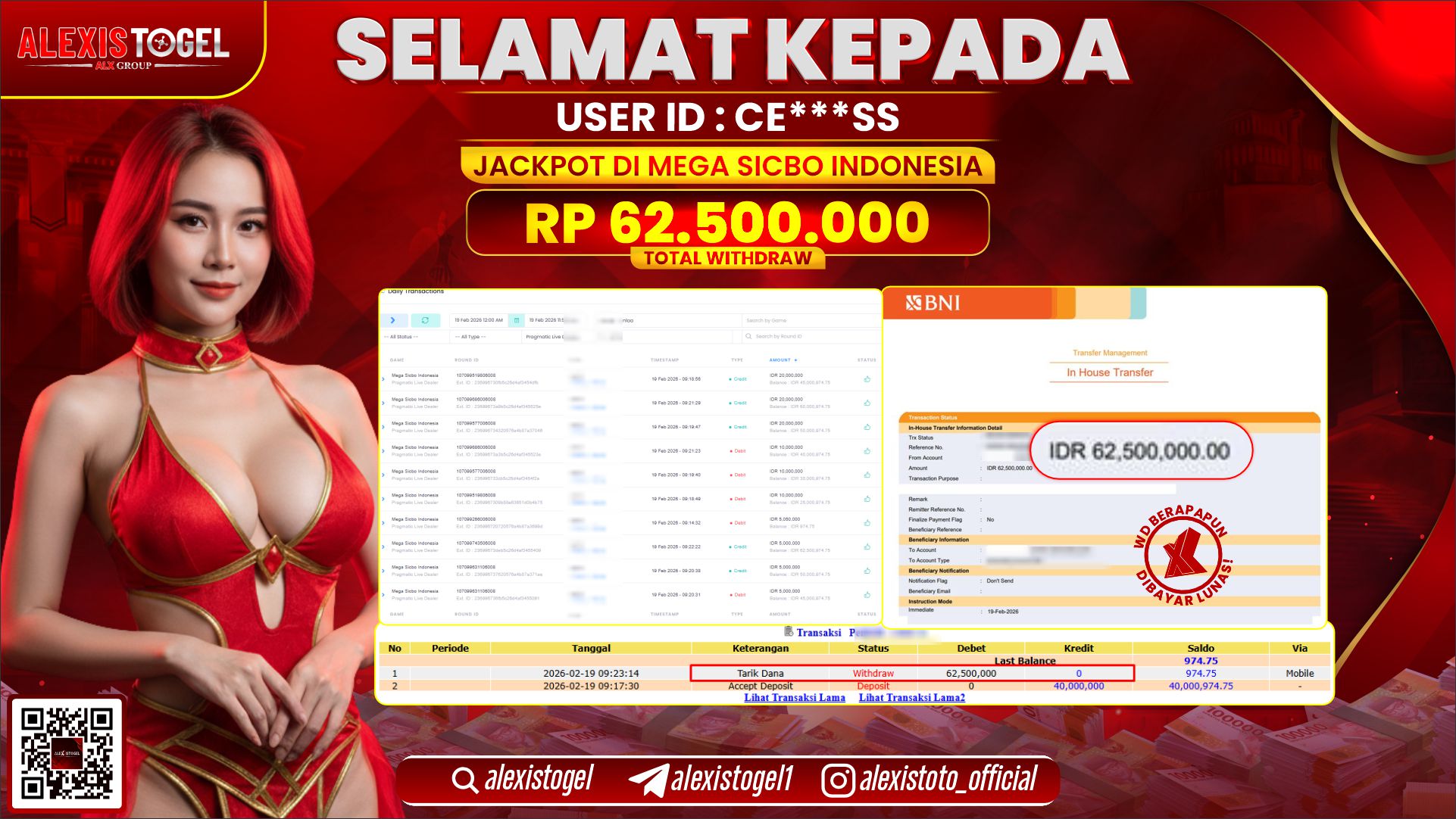 ALEXISTOGEL di PPLD MEGA SICBO INDONESIA RP.62.500.000,- LUNAS 