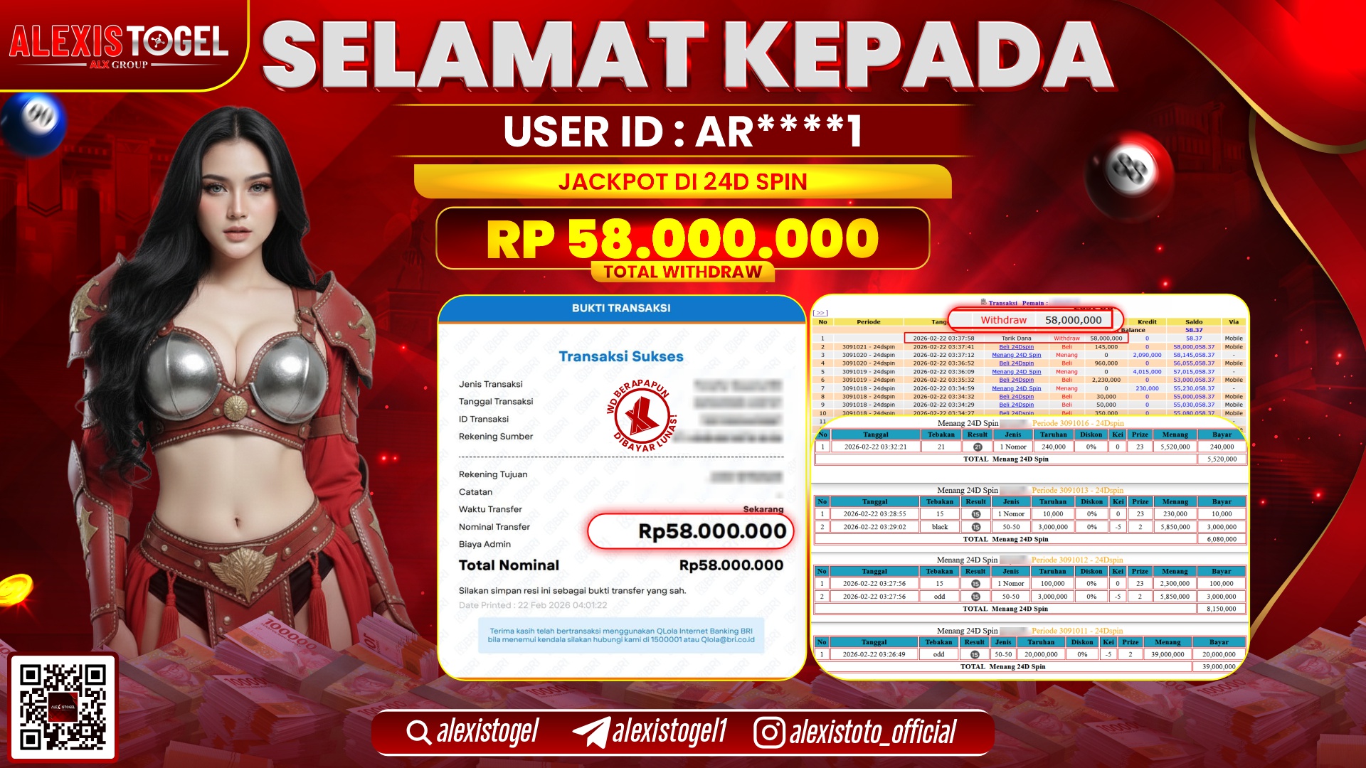 ALEXISTOGEL di CASINO 24D SPIN RP.58.000.000,- LUNAS 