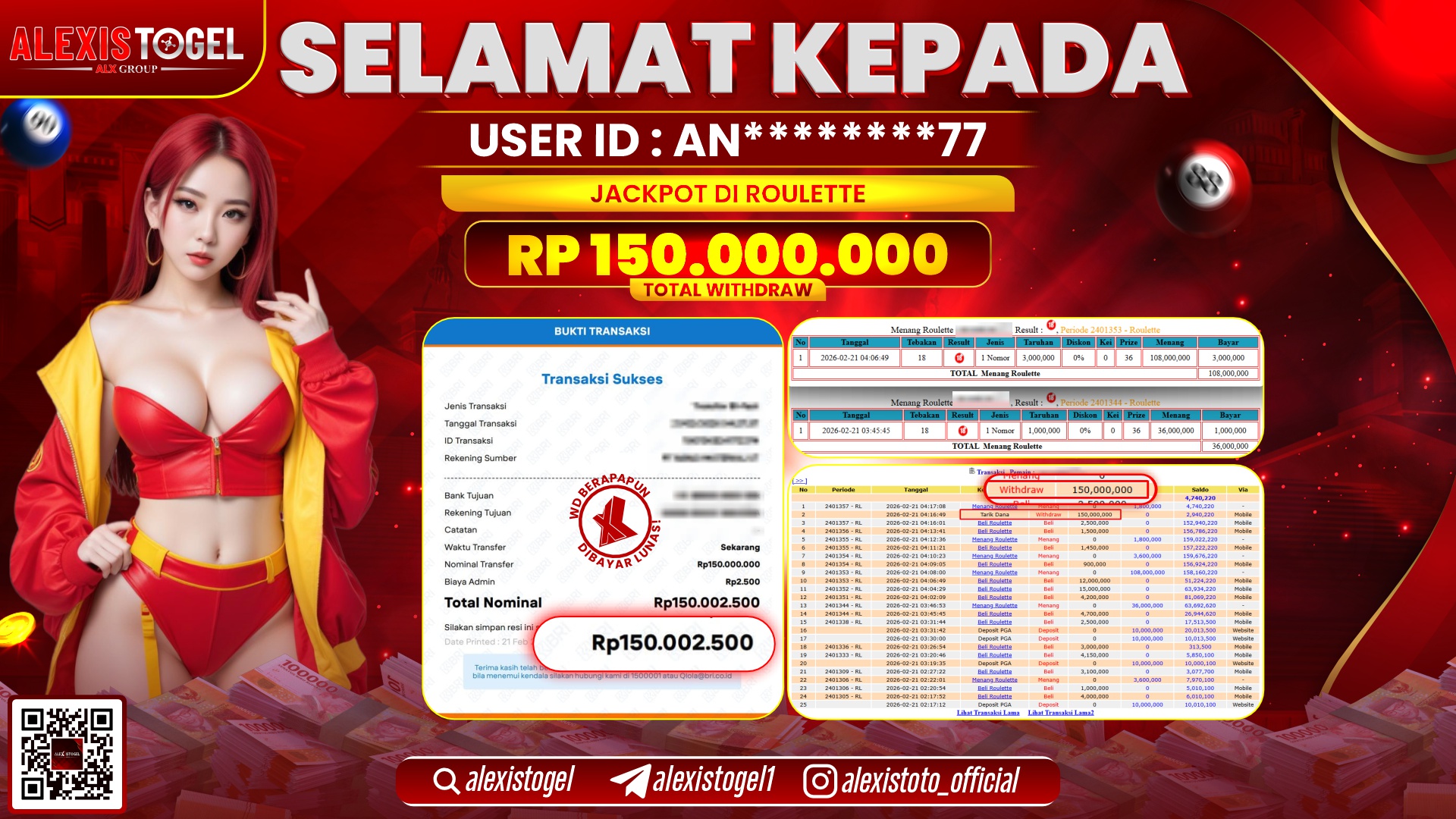 ALEXISTOGEL di CASINO ROULETTE RP.150.000.000,- LUNAS 