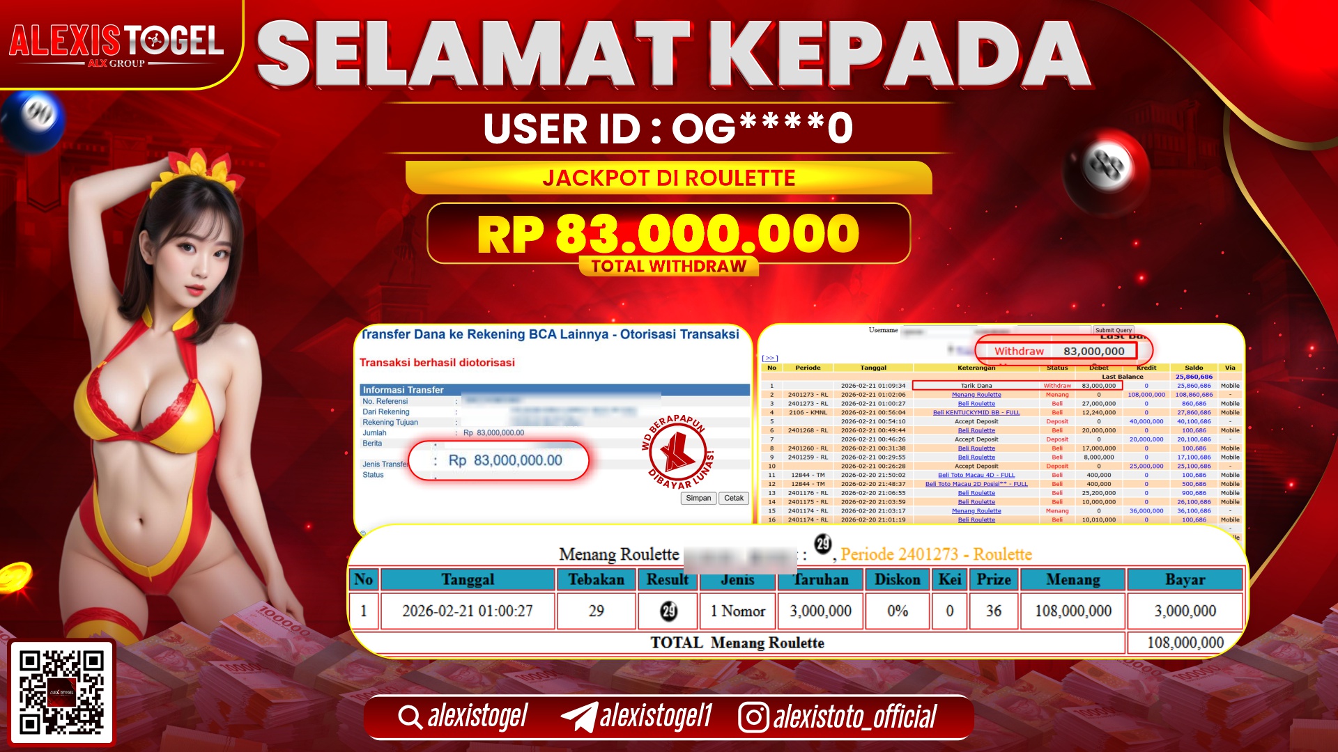 ALEXISTOGEL di CASINO ROULETTE RP.83.000.000,- LUNAS 