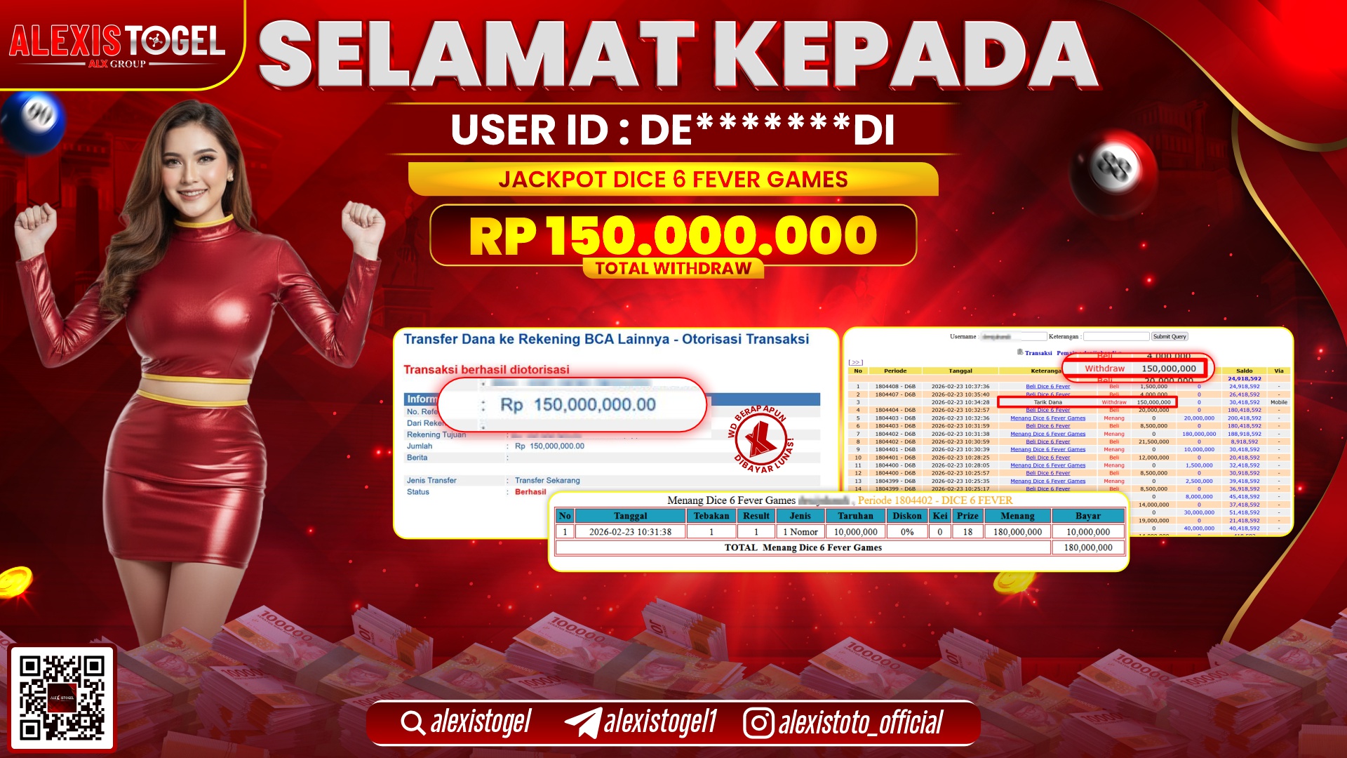 ALEXISTOGEL di CASINO DICE 6 FEVER GAMES RP.150.000.000,- LUNAS 