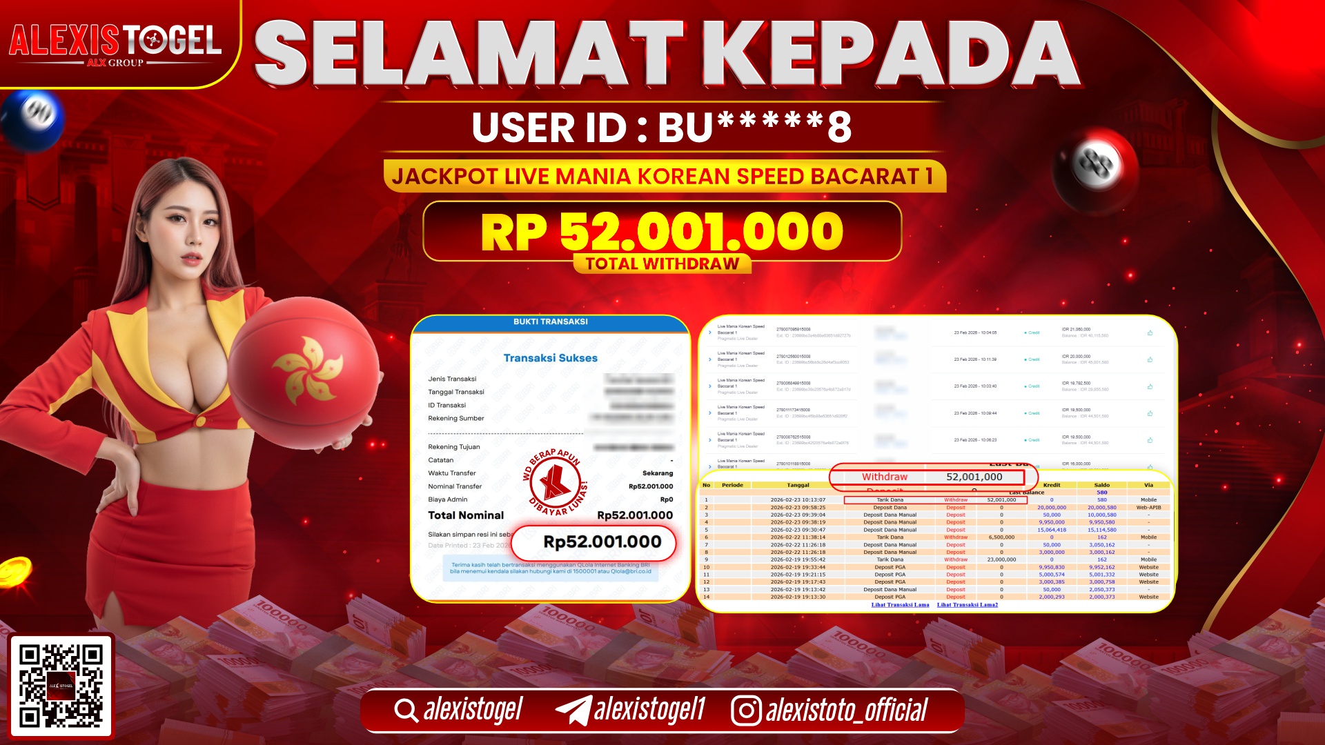 ALEXISTOGEL di LIVE MANIA KOREAN SPEED BACCARAT 1 RP.52.001.000,- LUNAS 