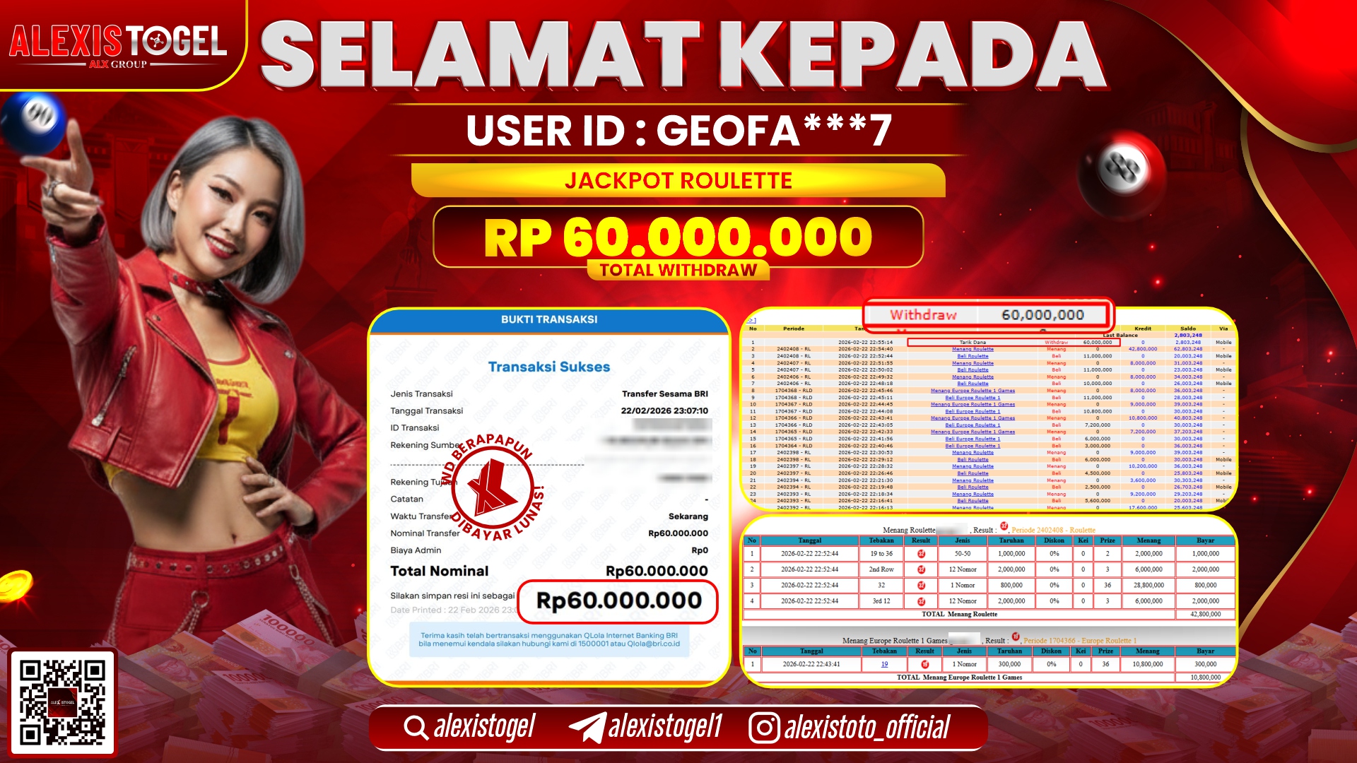 ALEXISTOGEL di CASINO ROULETTE RP.60.000.000,- LUNAS 