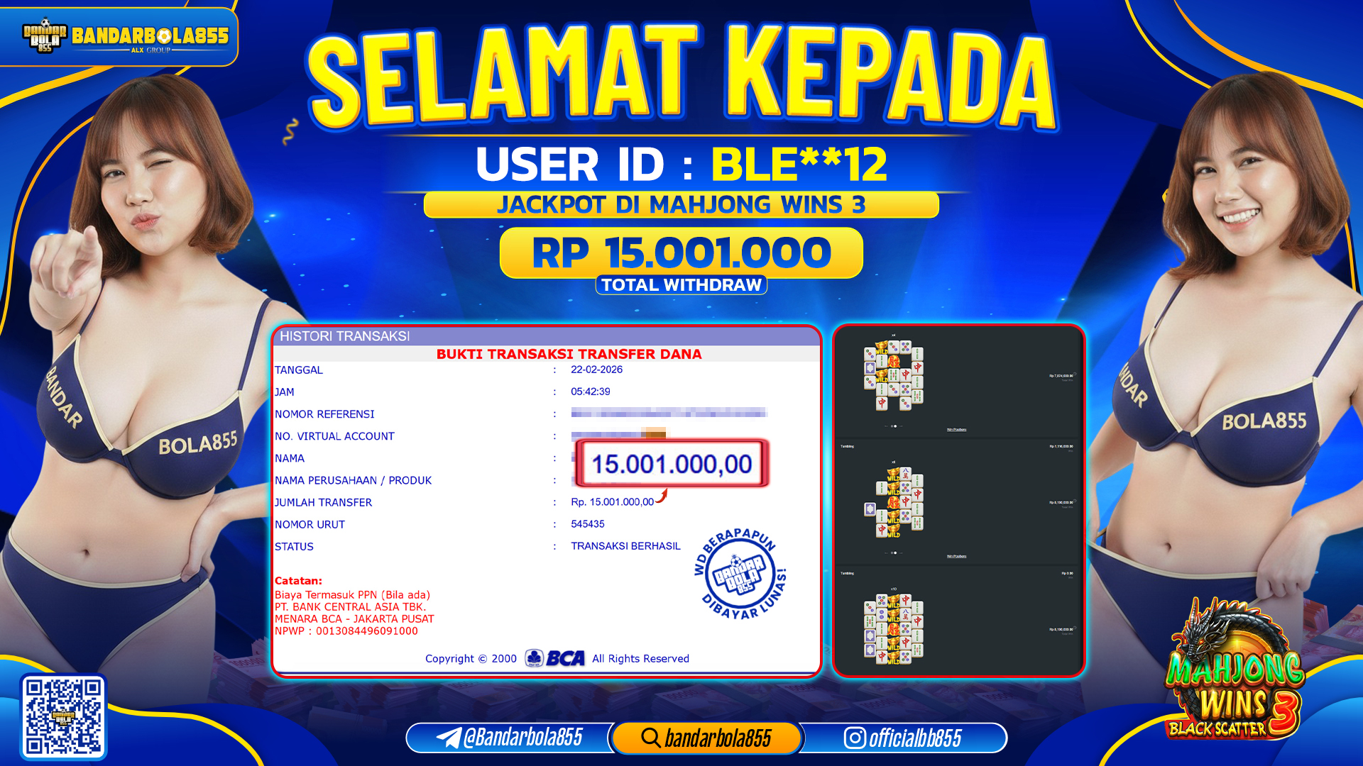 🎖 JACKPOT BANDARBOLA855 di MAHJONG WINS 3 Rp15.001.000 🎖