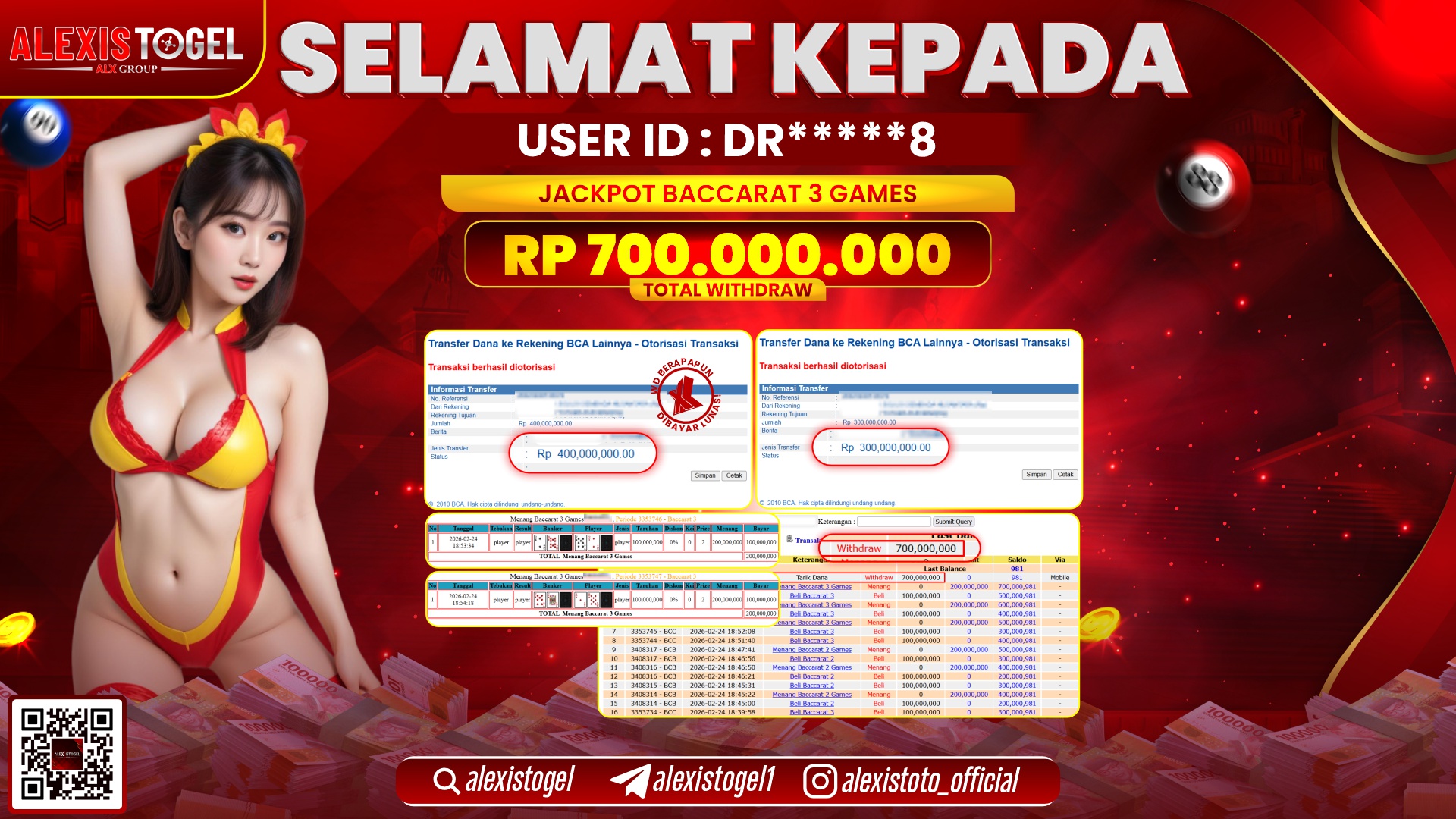 ALEXISTOGEL di CASINO BACCARAT 3 GAMES RP.700.000.000,- LUNAS 