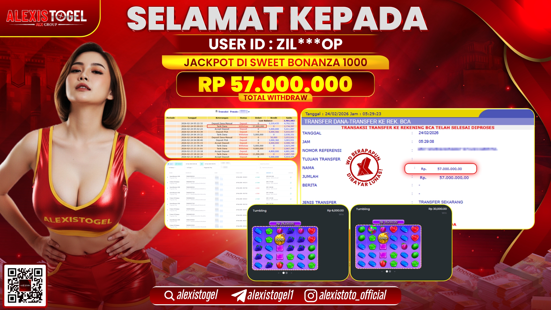 ALEXISTOGEL di SLOT SWEET BONANZA 1000 RP.57.000.000,- LUNAS 