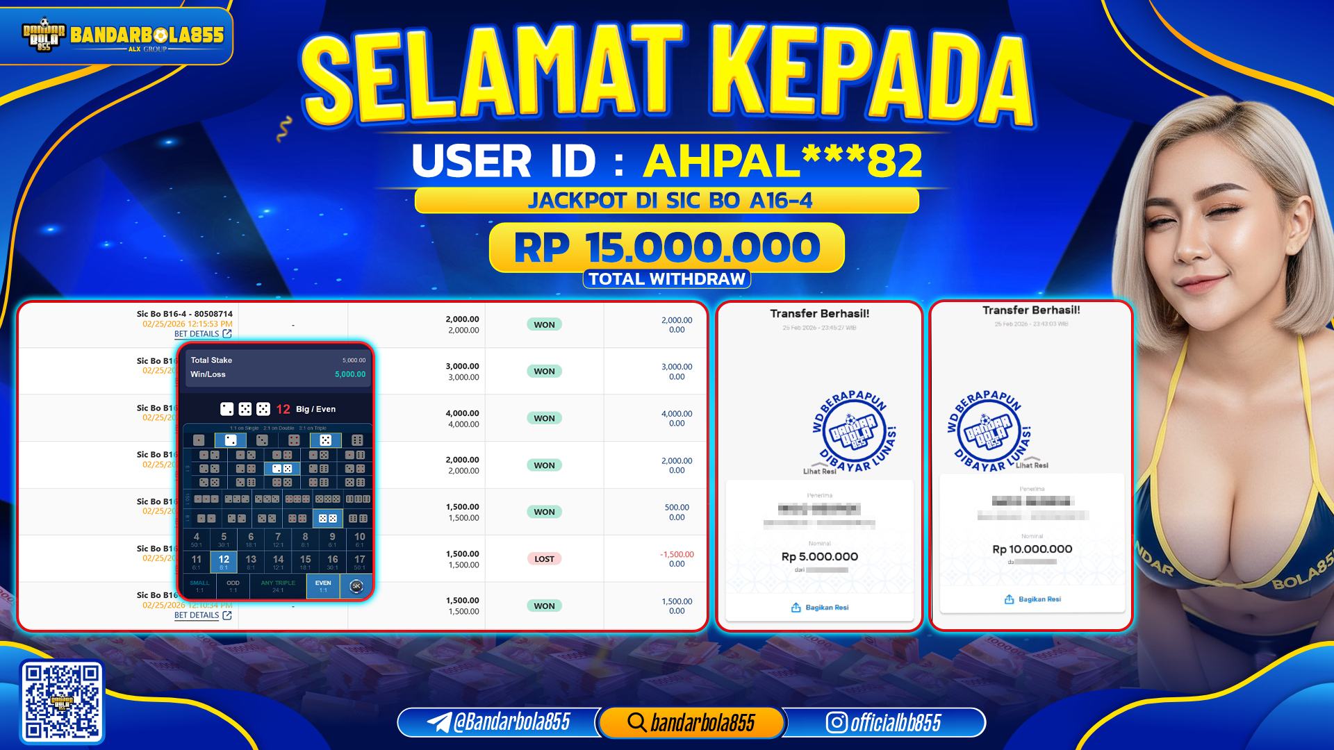 🎖 JACKPOT BANDARBOLA855 di SIC BO A16-4 Rp15.000.000 🎖