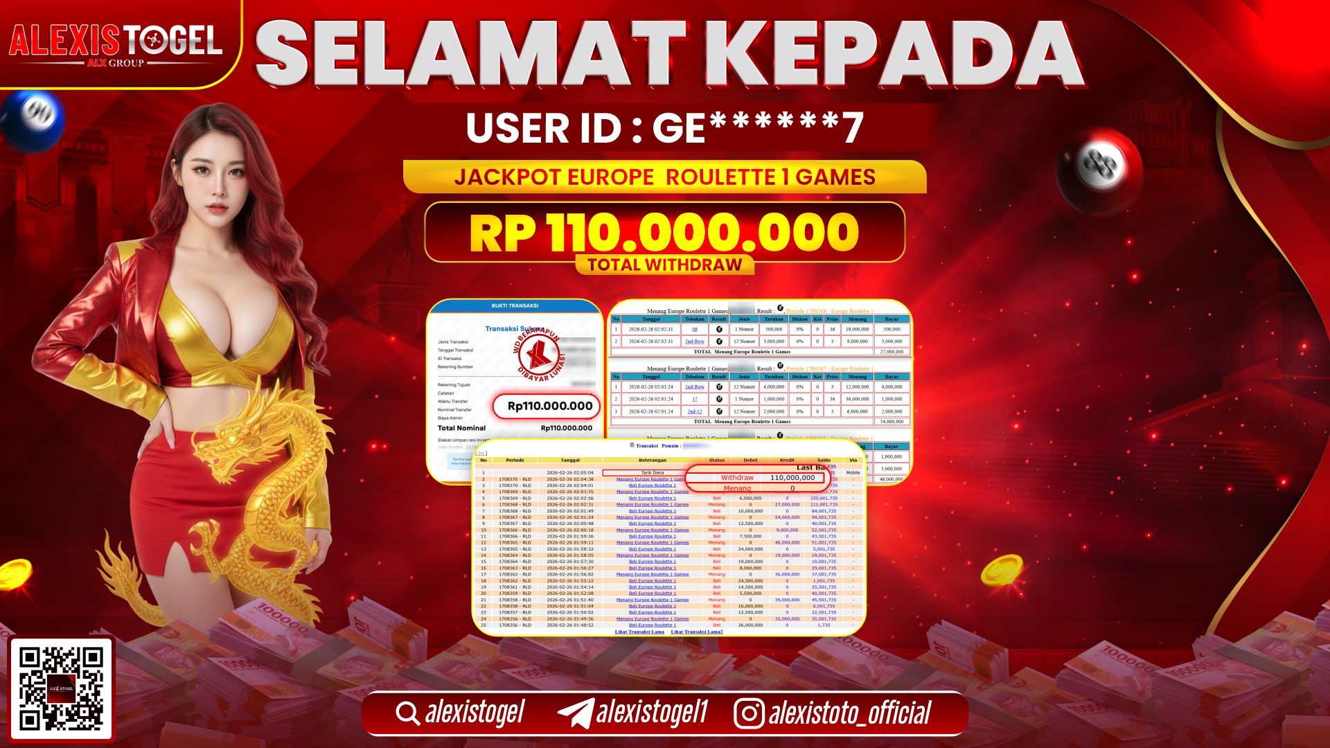 ALEXISTOGEL di CASINO EUROPE ROULETTE GAMES RP.110.000.000,- LUNAS 