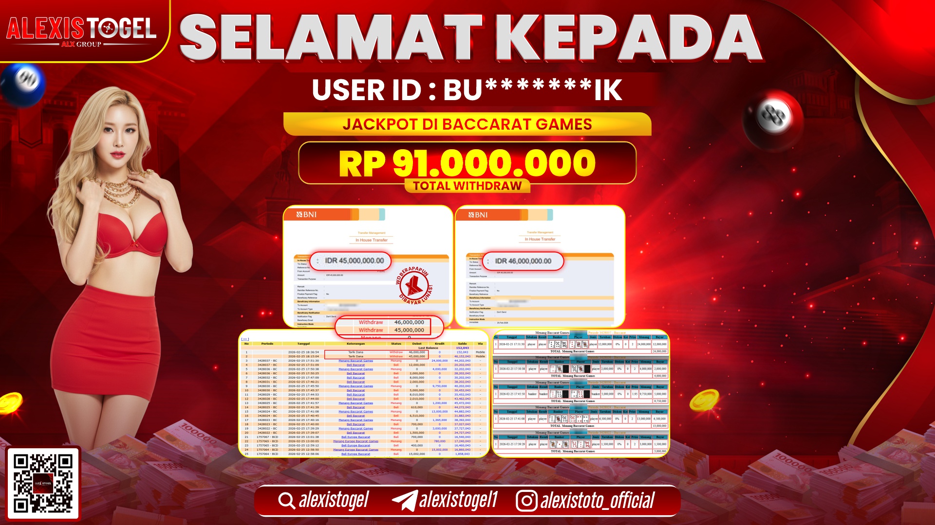 ALEXISTOGEL di CASINO BACCARAT GAMES RP.91.000.000,- LUNAS 