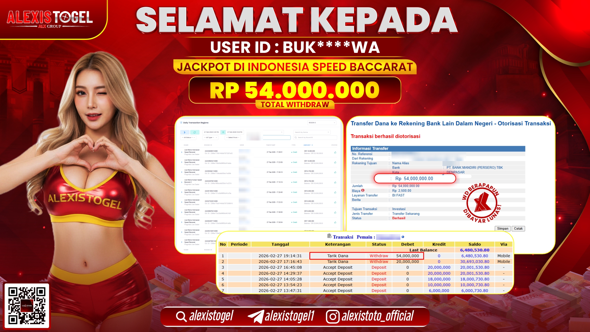 ALEXISTOGEL di PPLD INDONESIA SPEED BACCARAT RP.54.000.000,- LUNAS 