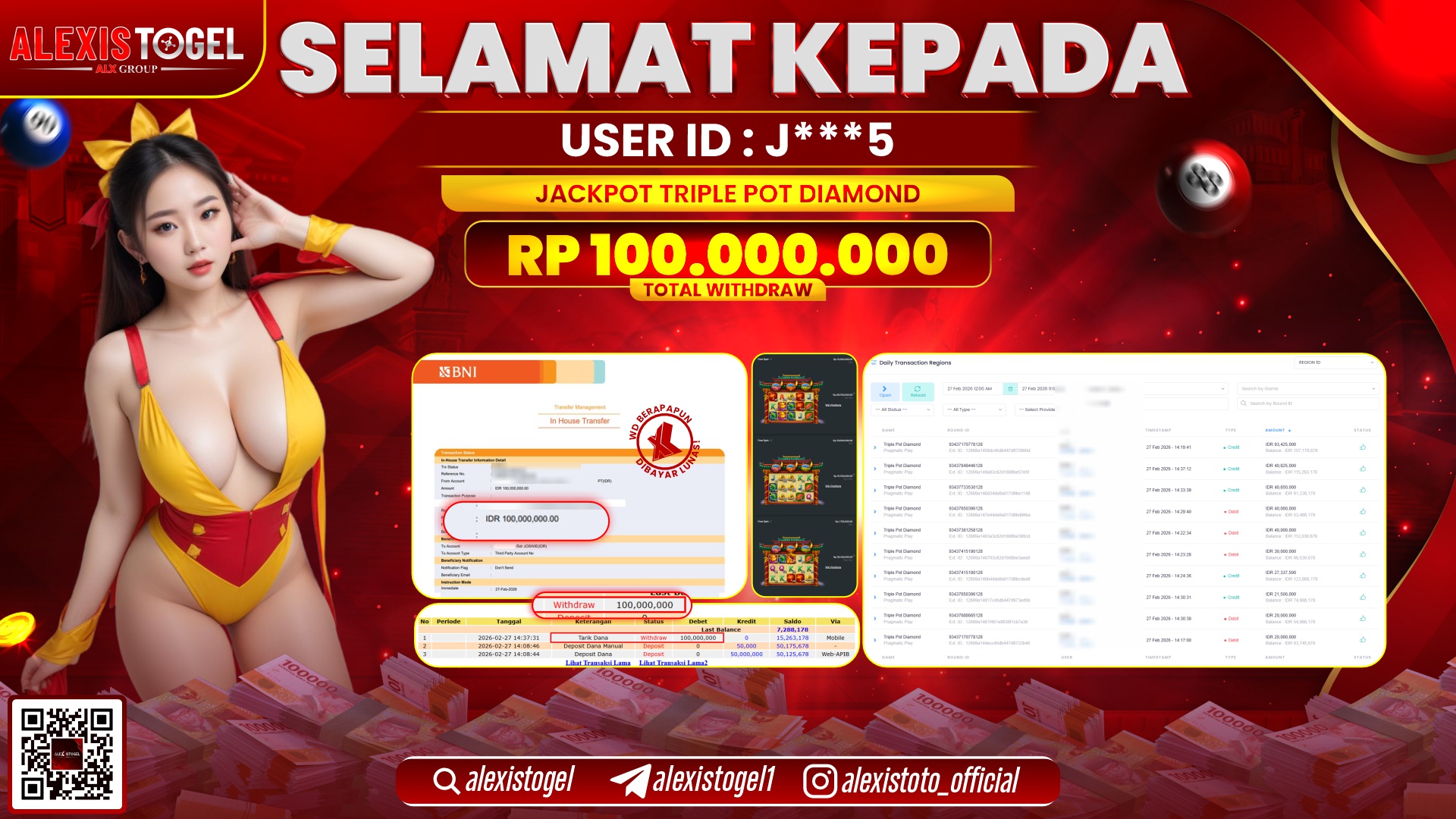 ALEXISTOGEL di SLOT TRIPLE POT DIAMOND RP.100.000.000,- LUNAS 