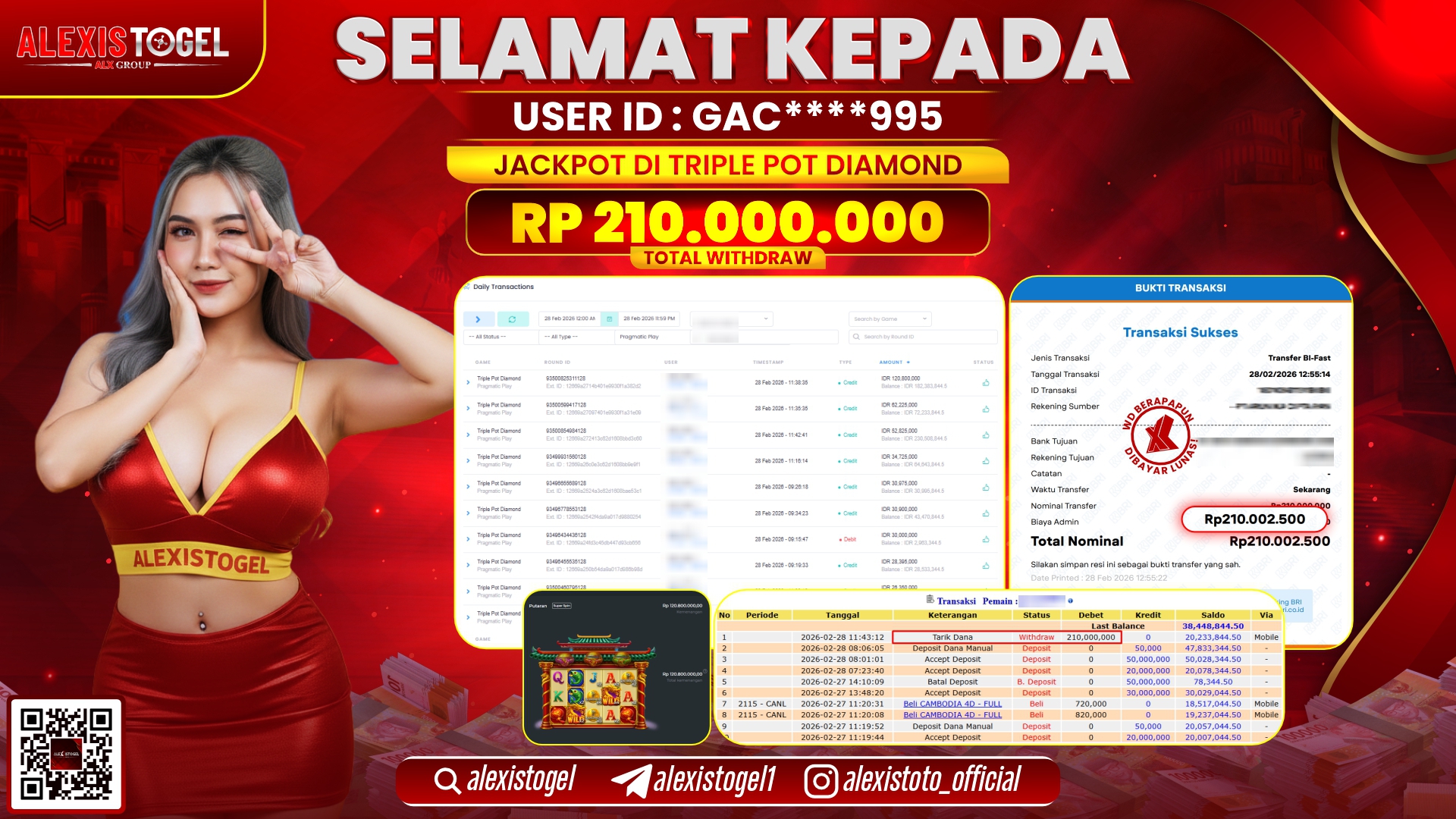 ALEXISTOGEL di SLOT TRIPLE POT DIAMOND RP.210.000.000,- LUNAS 