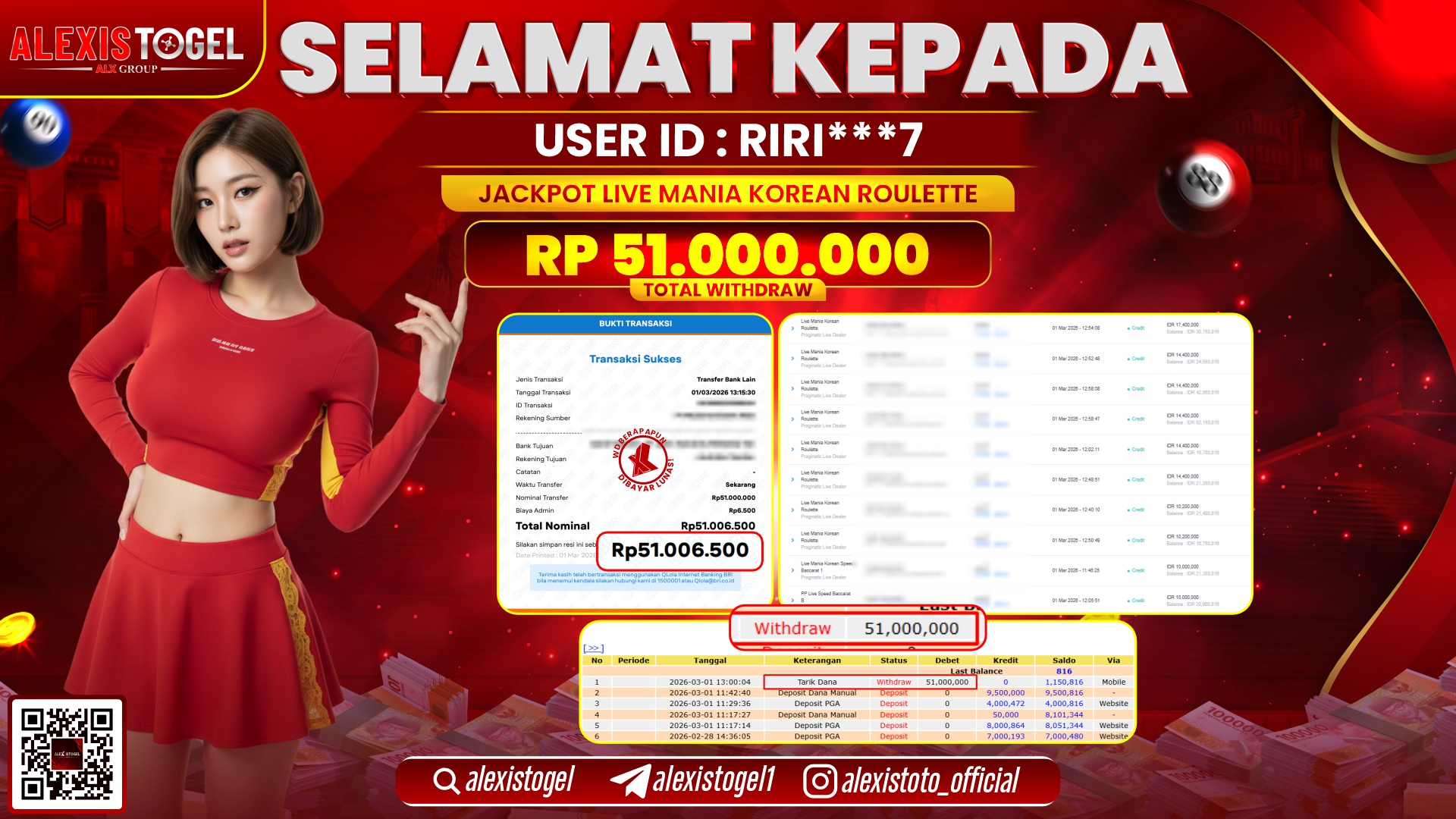 ALEXISTOGEL di LIVE MANIA KOREAN ROULETTE RP.51.000.000,- LUNAS 