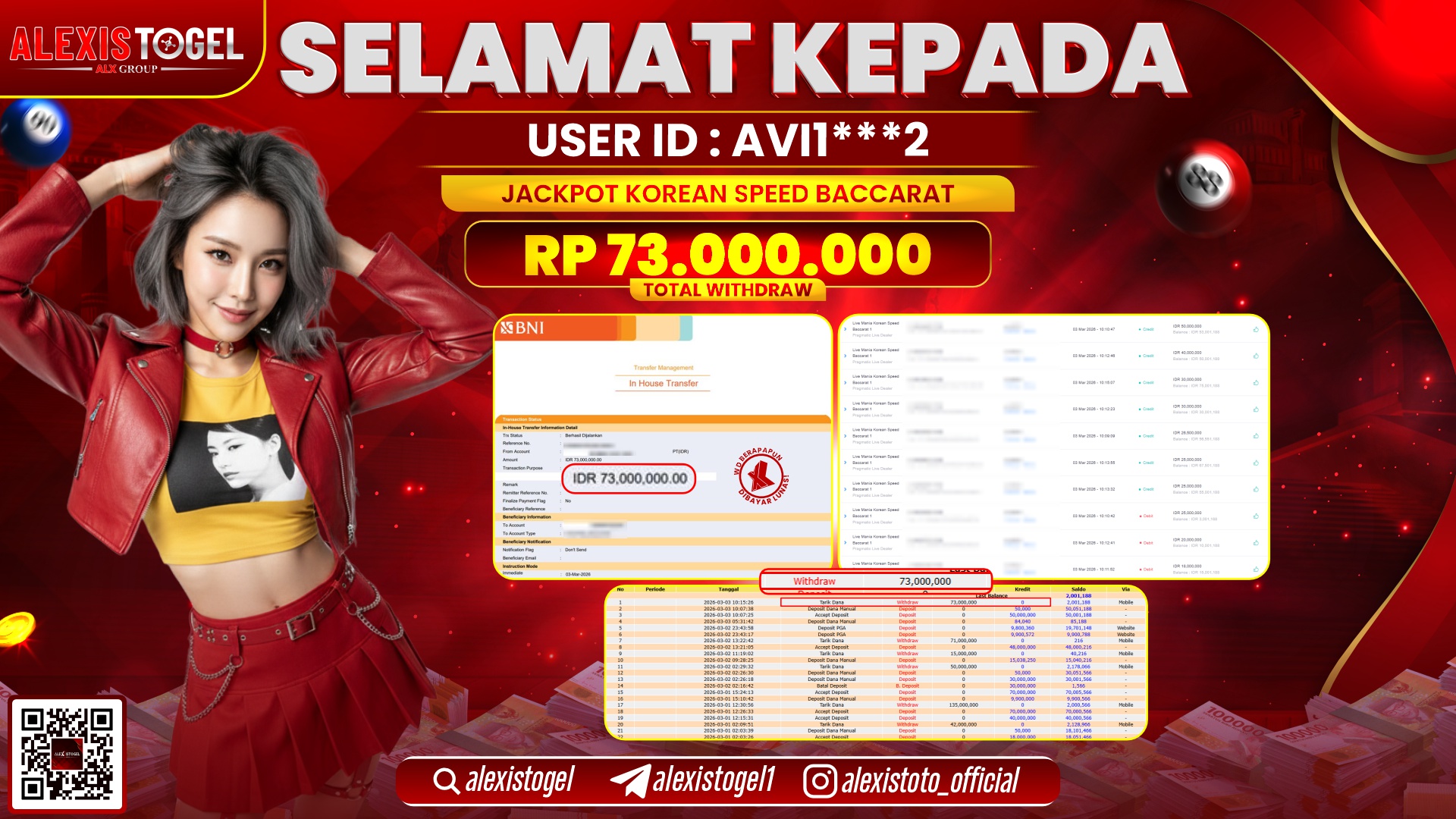 ALEXISTOGEL di LIVE MANIA KOREAN SPEED BACCARAT RP.73.000.000,- LUNAS 