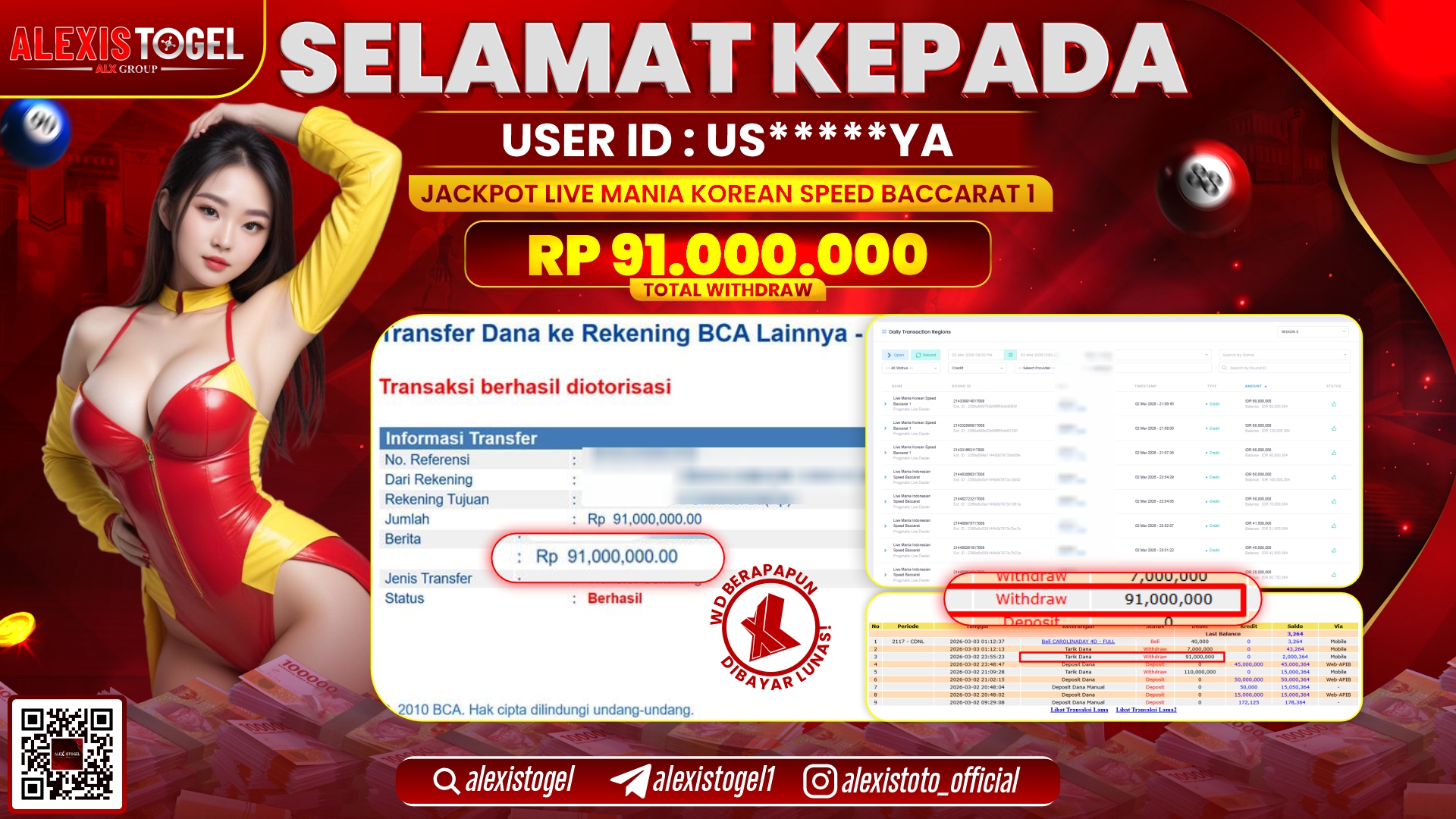 ALEXISTOGEL di LIVE MANIA KOREAN SPEED BACCARAT 1 RP.91.000.000,- LUNAS 