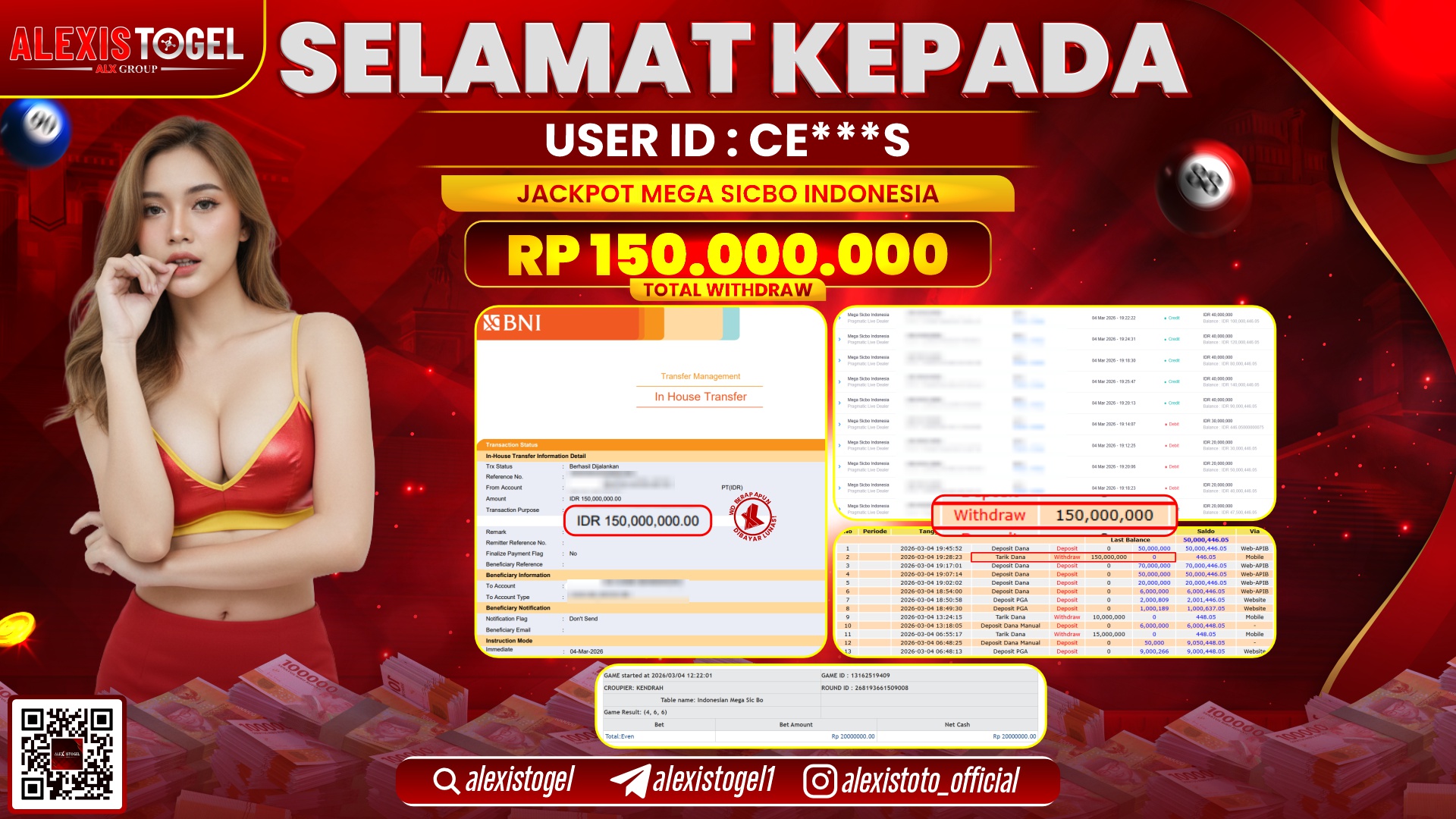 ALEXISTOGEL di PPLD MEGA SICBO INDONESIA RP.150.000.000,- LUNAS 