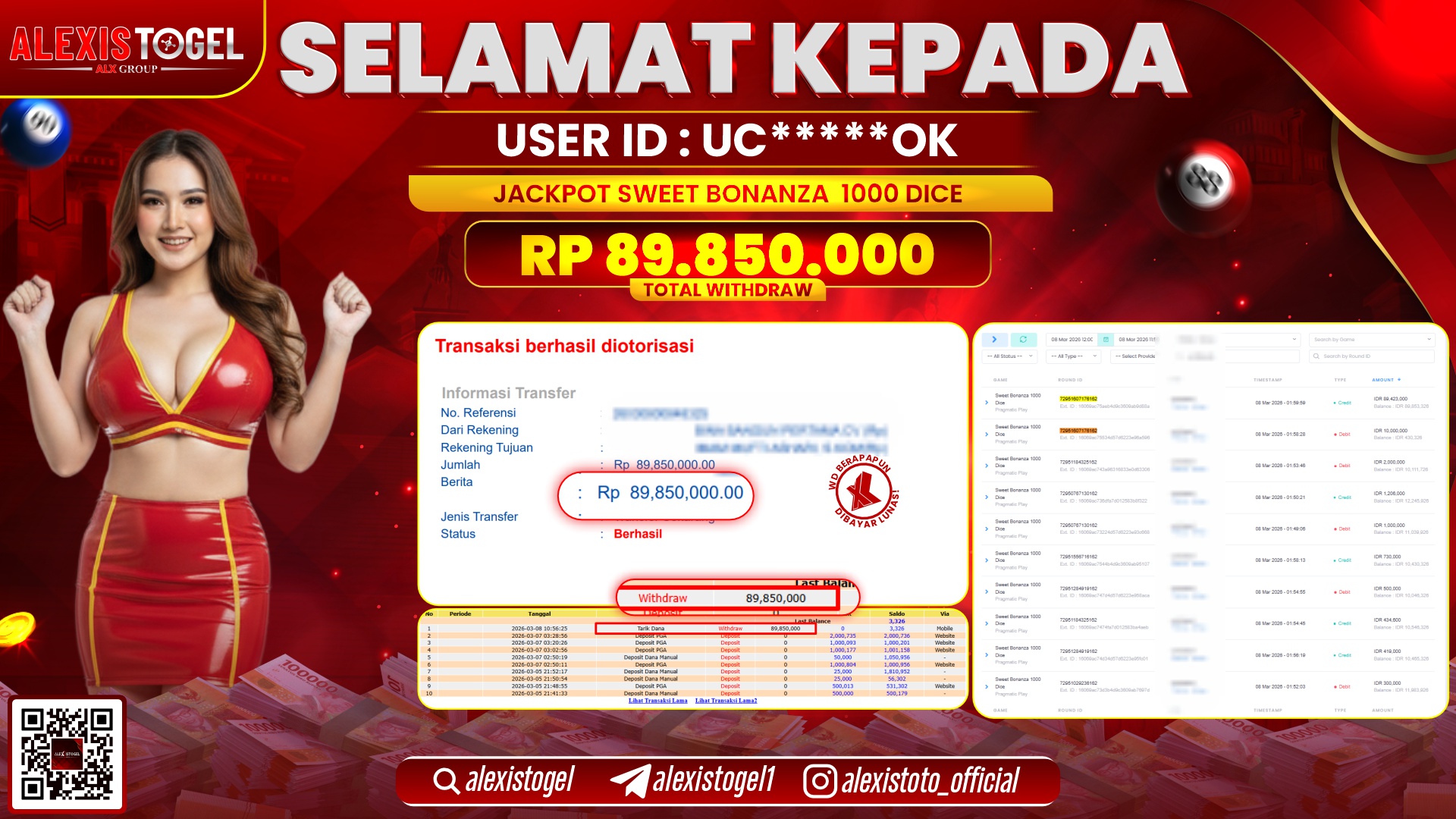 ALEXISTOGEL di SLOT SWEET BONANZA 1000 DICE RP.89.850.000,- LUNAS 