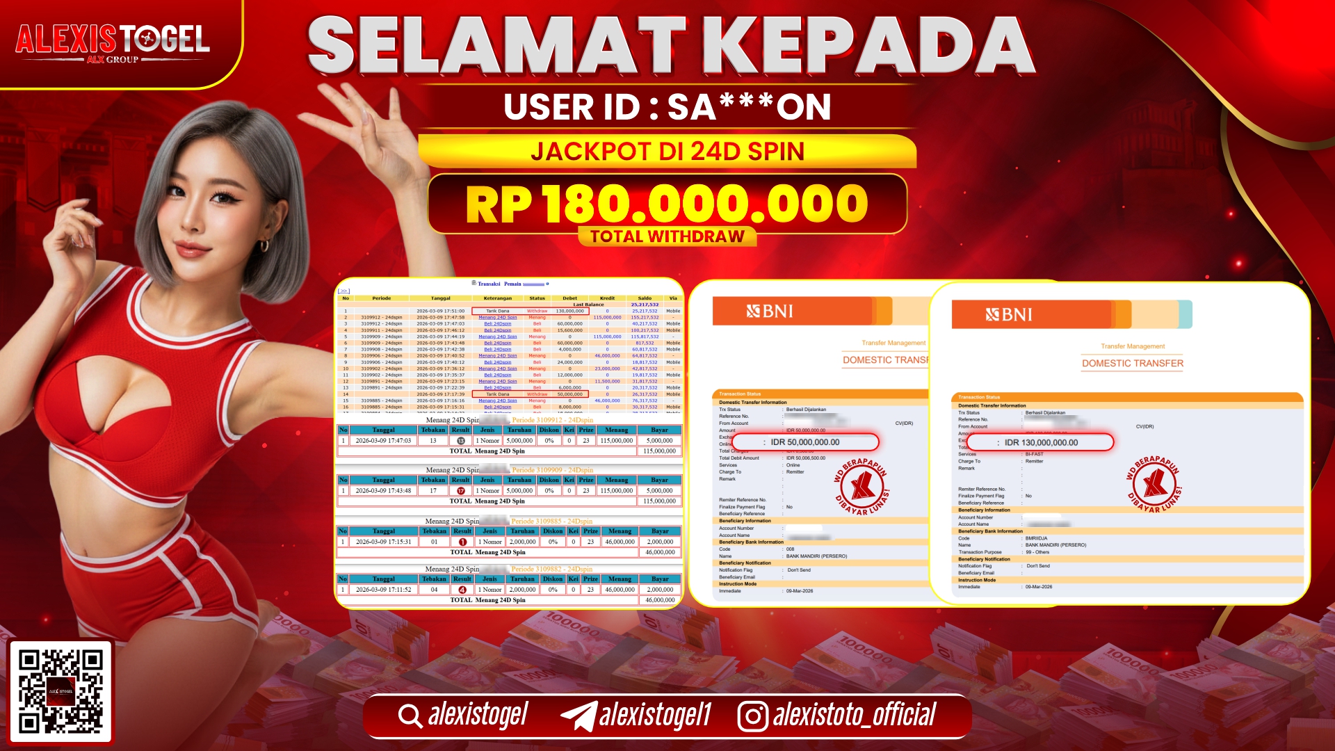 ALEXISTOGEL di CASINO 24D SPIN RP.180.000.000,- LUNAS 