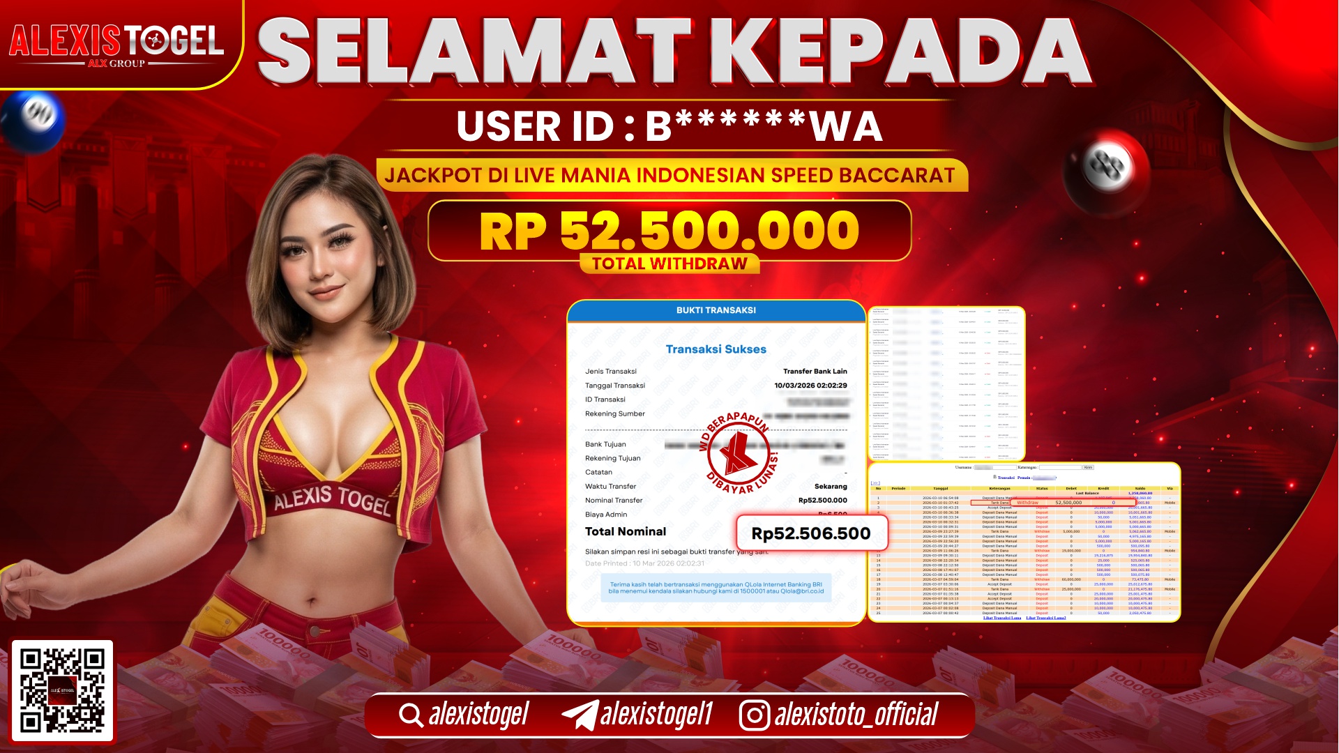 ALEXISTOGEL di LIVE MANIA INDONESIAN SPEED BACCARAT RP.52.500.000,- LUNAS 