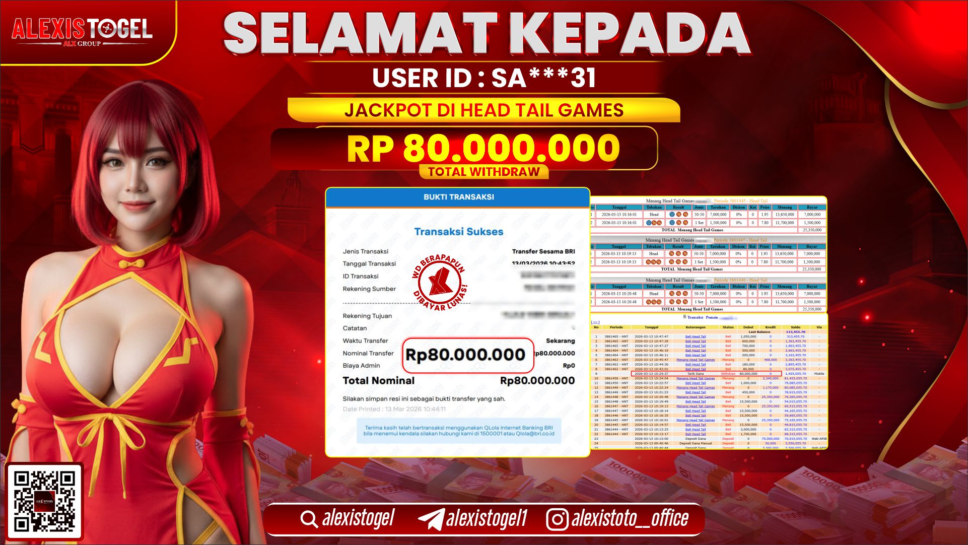 ALEXISTOGEL di CASINO HEAD TAIL GAMES RP.80.000.000,- LUNAS  