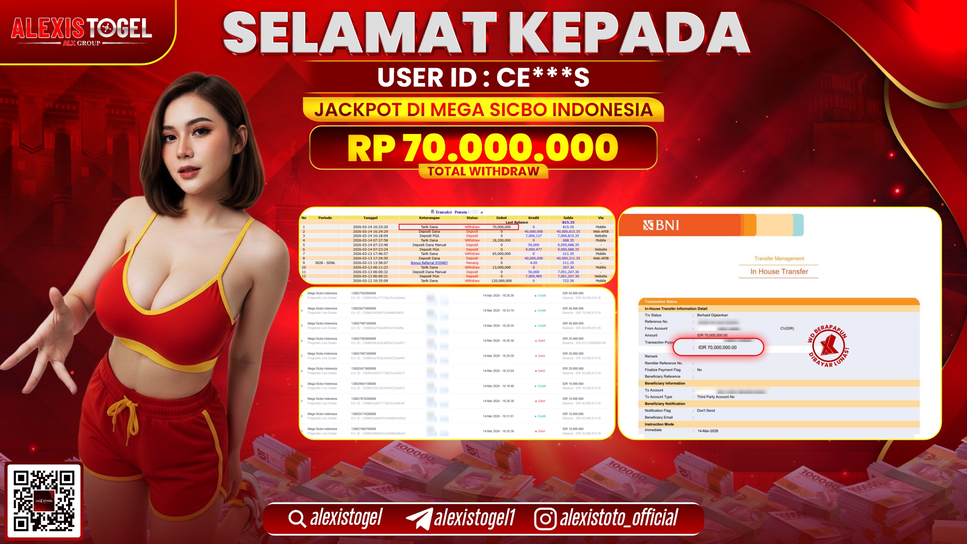 ALEXISTOGEL di PPLD MEGA SICBO INDONESIA RP.70.000.000,- LUNAS  