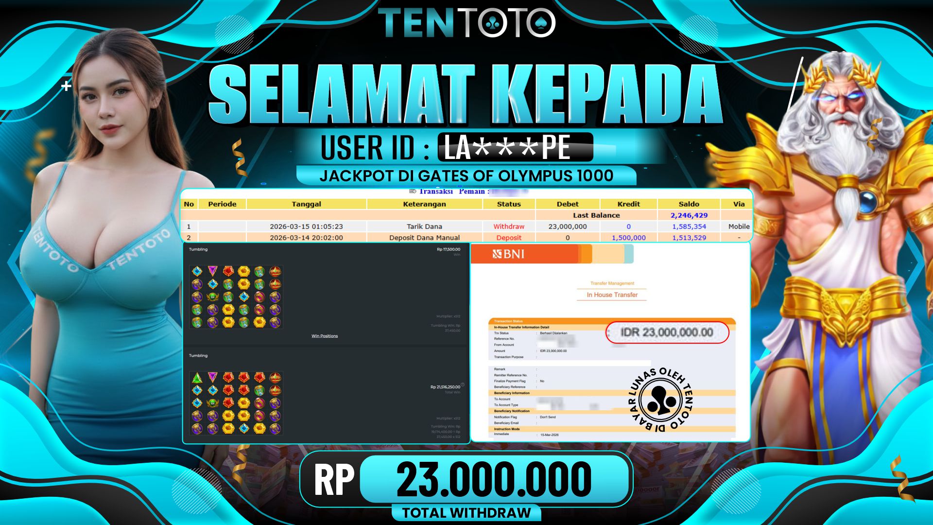TENTOTO Gates Of Olympus 1000 Rp. 23.000.000,- LUNAS
