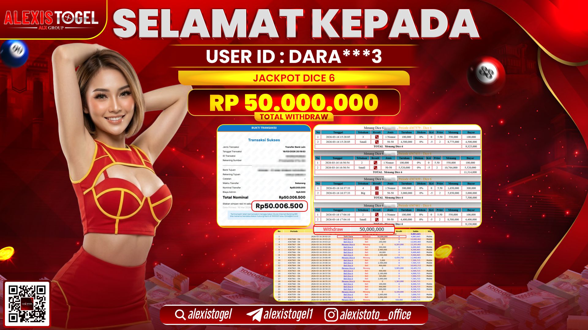 ALEXISTOGEL di CASINO DICE 6 RP.50.000.000,- LUNAS