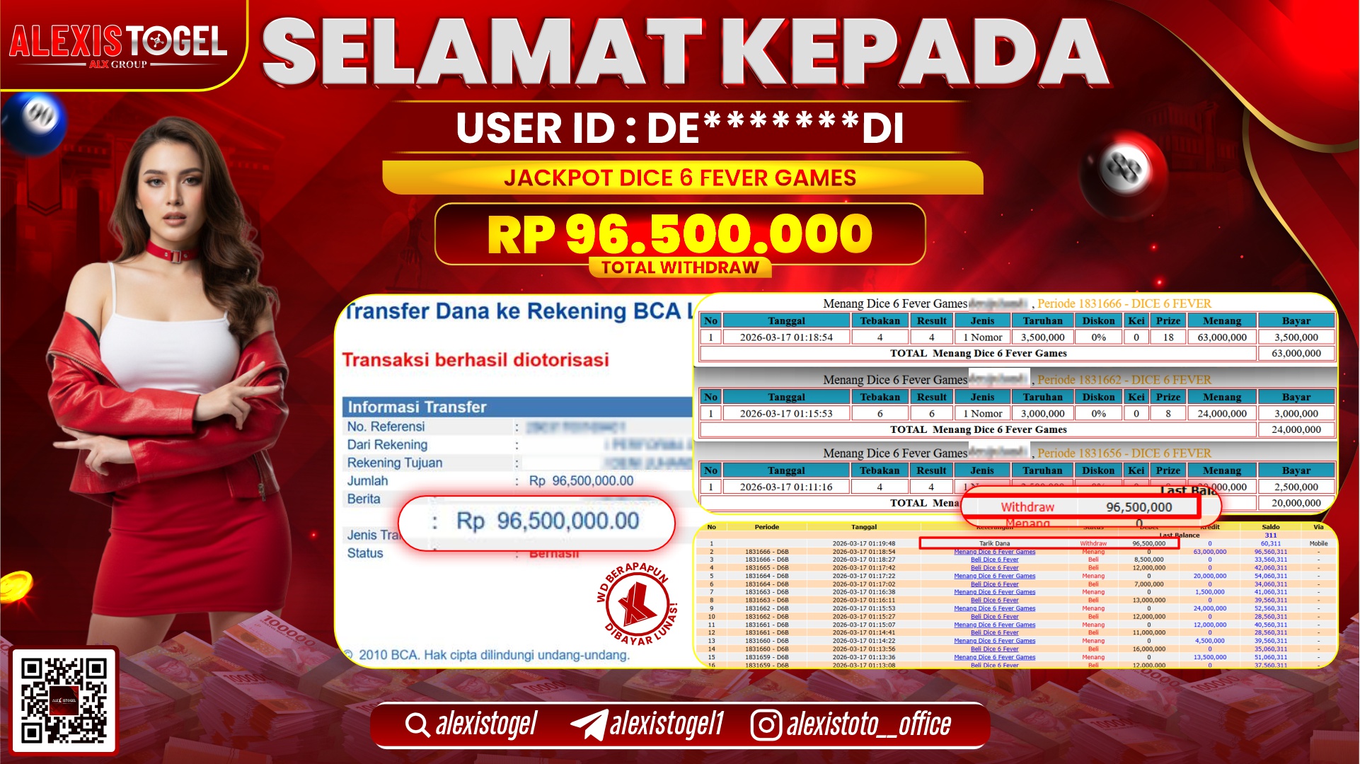 ALEXISTOGEL di Jackpot di CASINO DICE 6 FEVER GAMES RP.96.500.000,- LUNAS